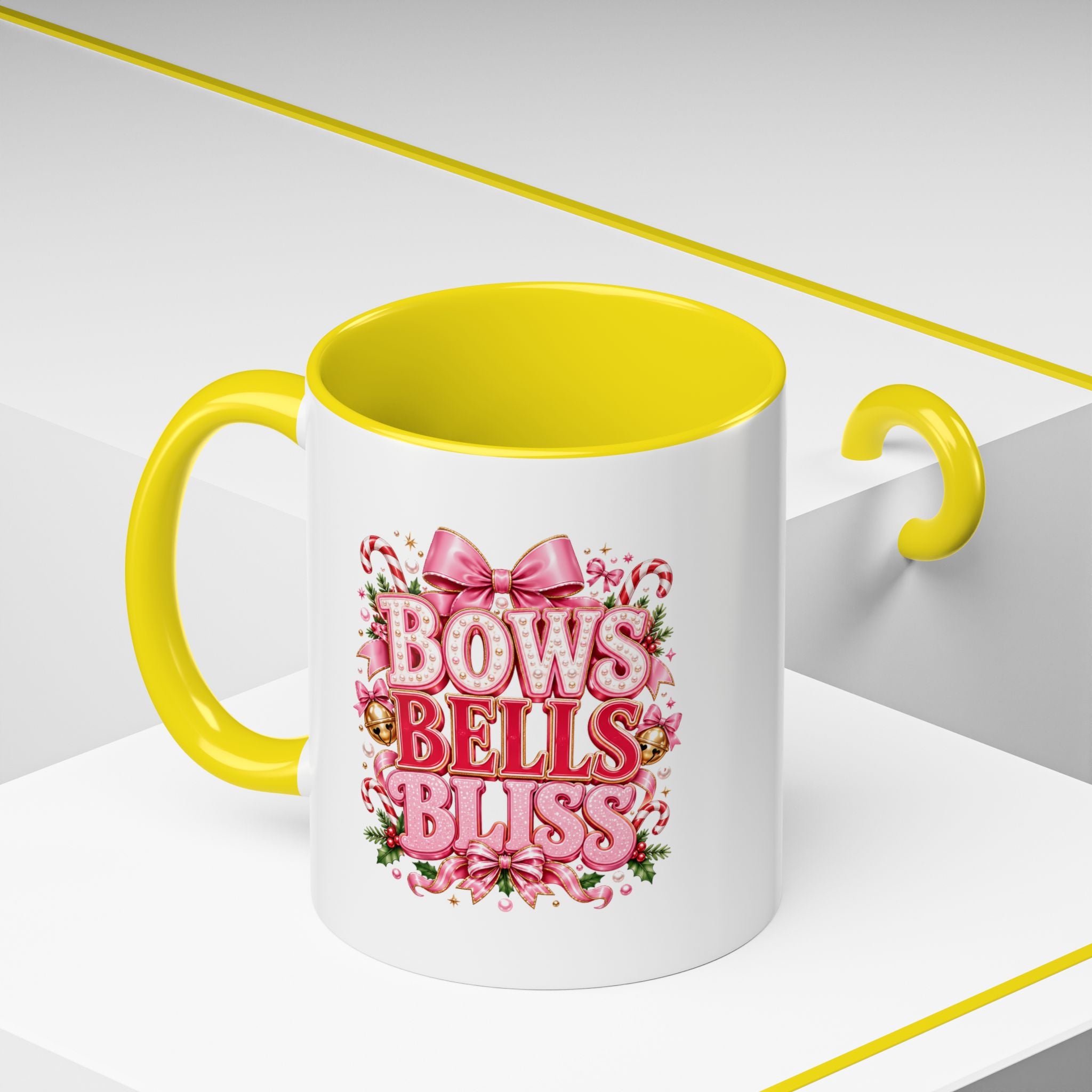 Modern Day Christmas Bows Bells Bliss Coffee Mug — Pink Holiday Accent Mug