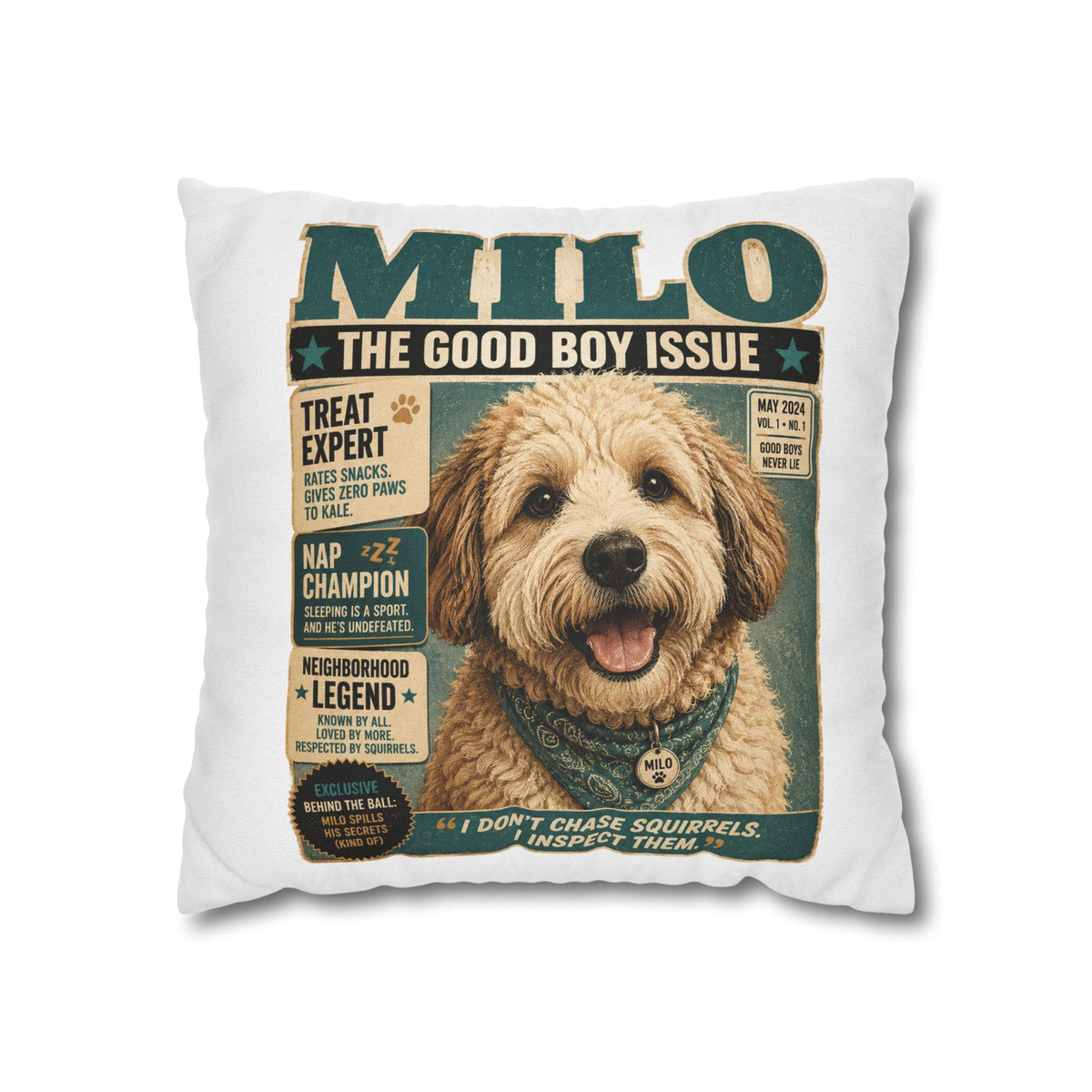 Dog Magazine Cover Pillowcase Milo Bailey Dog Dad Mom– "Milo: The Good Boy Issue" Decorative Throw Pillow