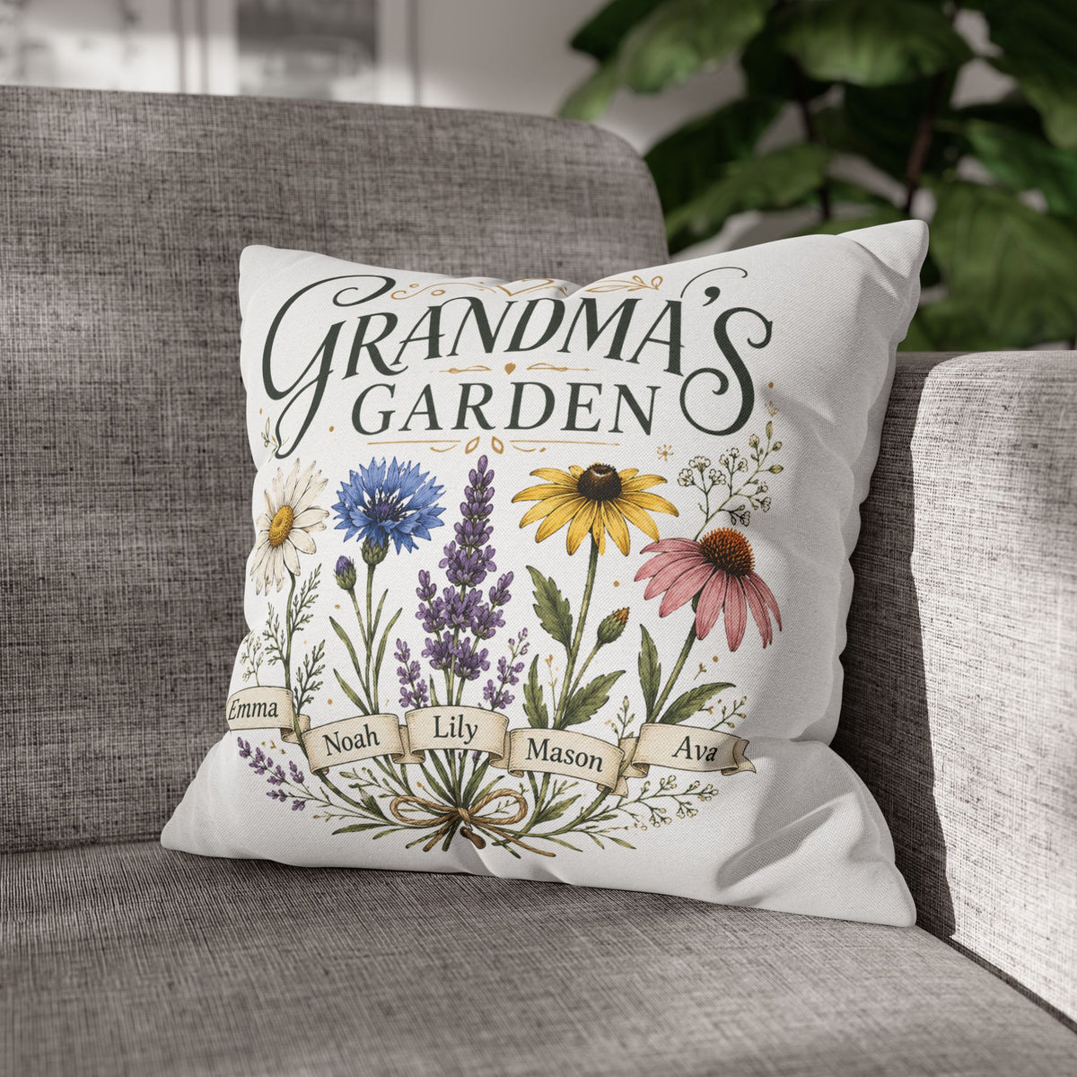 Grandma’s Garden Floral Pillowcase Milo Bailey Dog Dad Mom — Personalized Names Decorative Throw Pillow