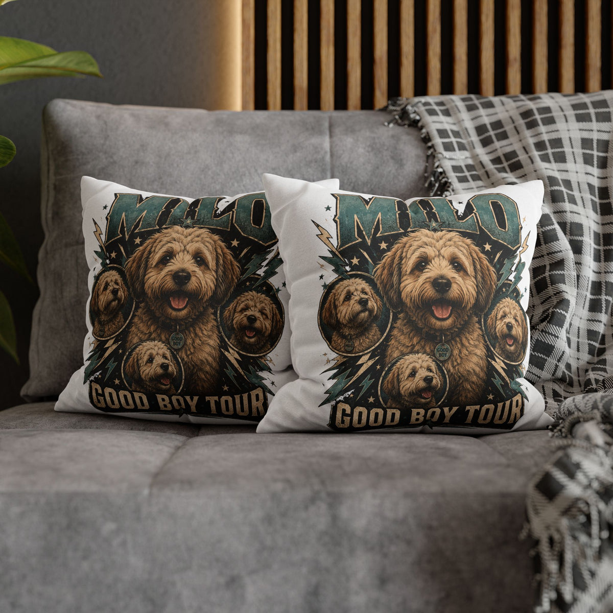 Milo "Good Boy Tour" Decorative Pillowcase — Cute Dog Portrait Square Throw Pillowcase Milo Bailey Dog Dad Mom