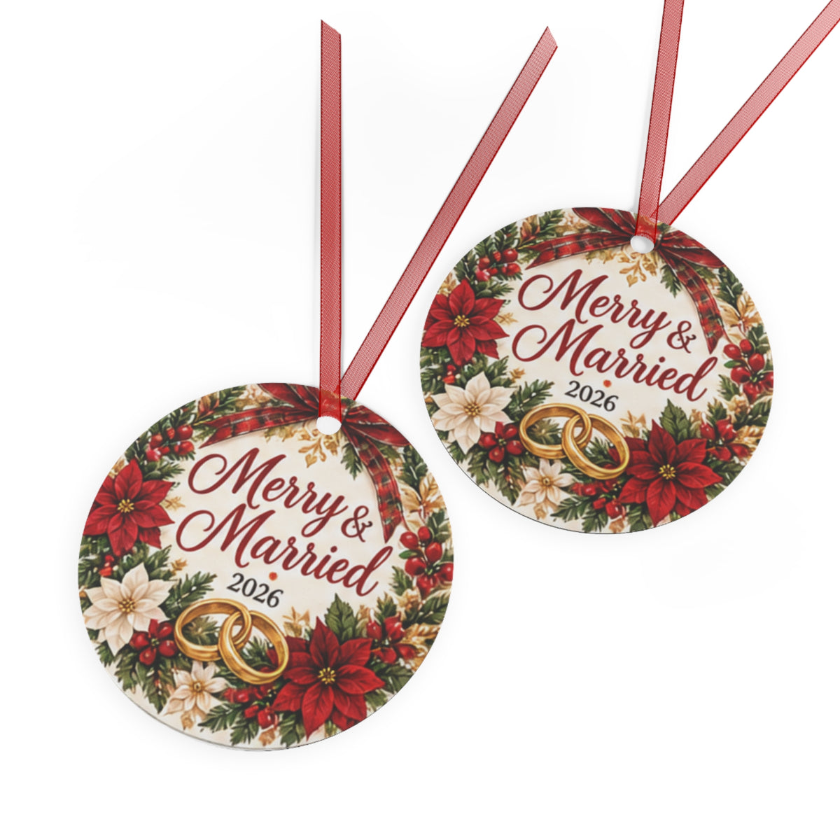 Merry & Married 2026 Metal Ornament — Christmas Wedding Keepsake