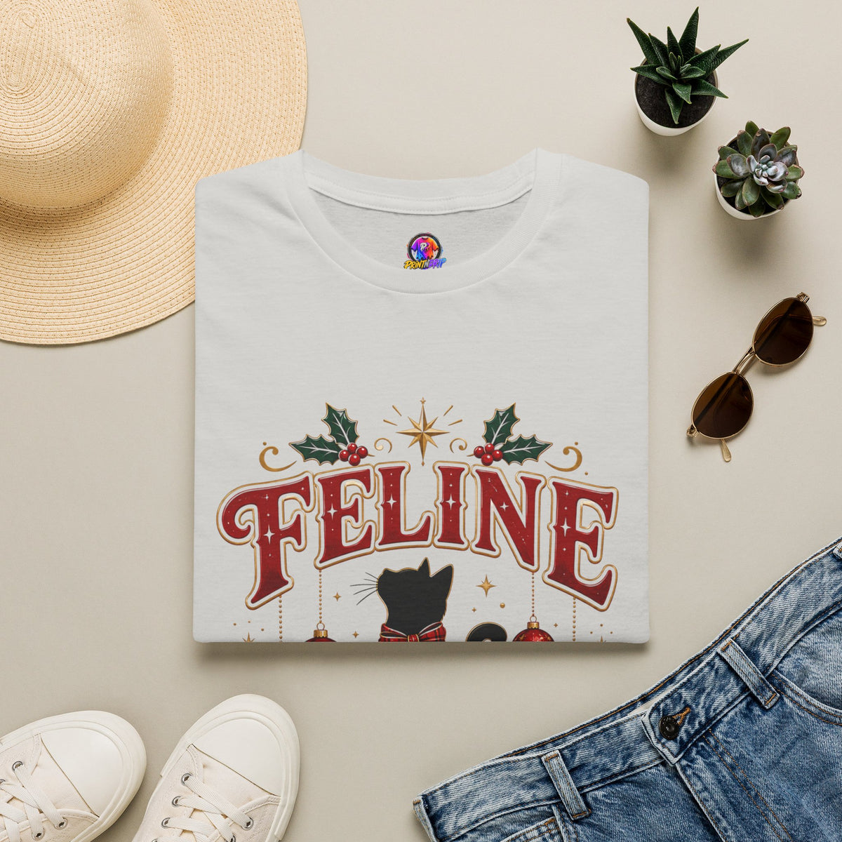 Feline Festive T-Shirt — Cute Black Cat Christmas Holiday Tee
