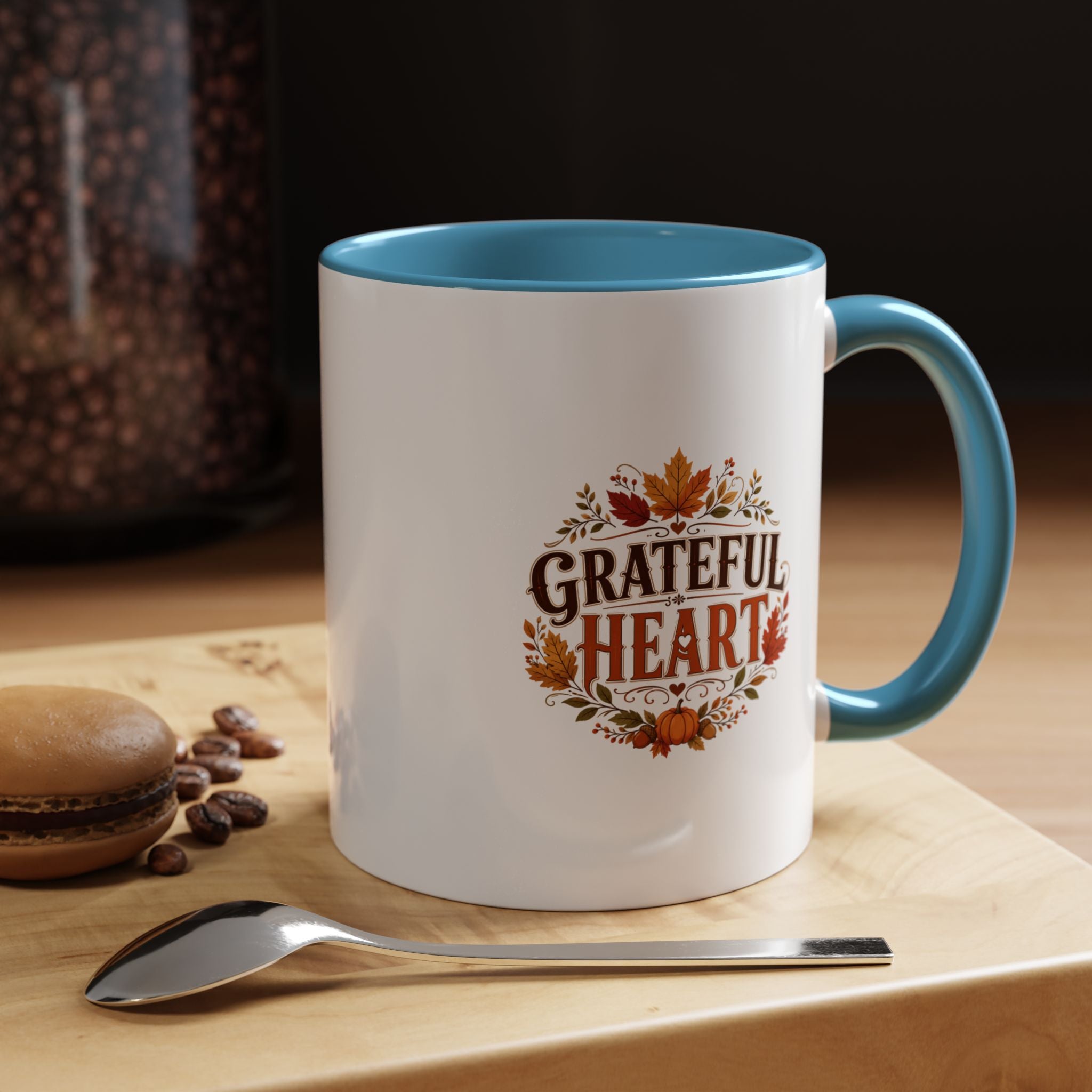 Thanksgiving Mug Grateful Heart Coffee Mug — Fall Leaves Pumpkin Accent Mug