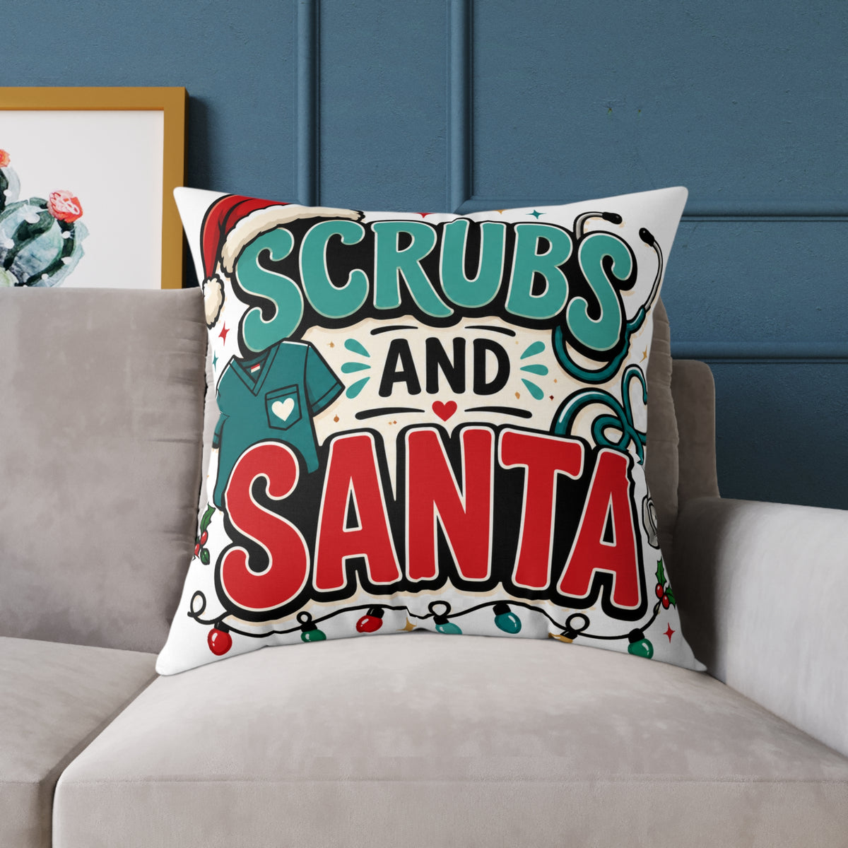 Scrubs and Santa Holiday Modern Day Christmas  Pillow — Christmas Nurse Decorative Cushion