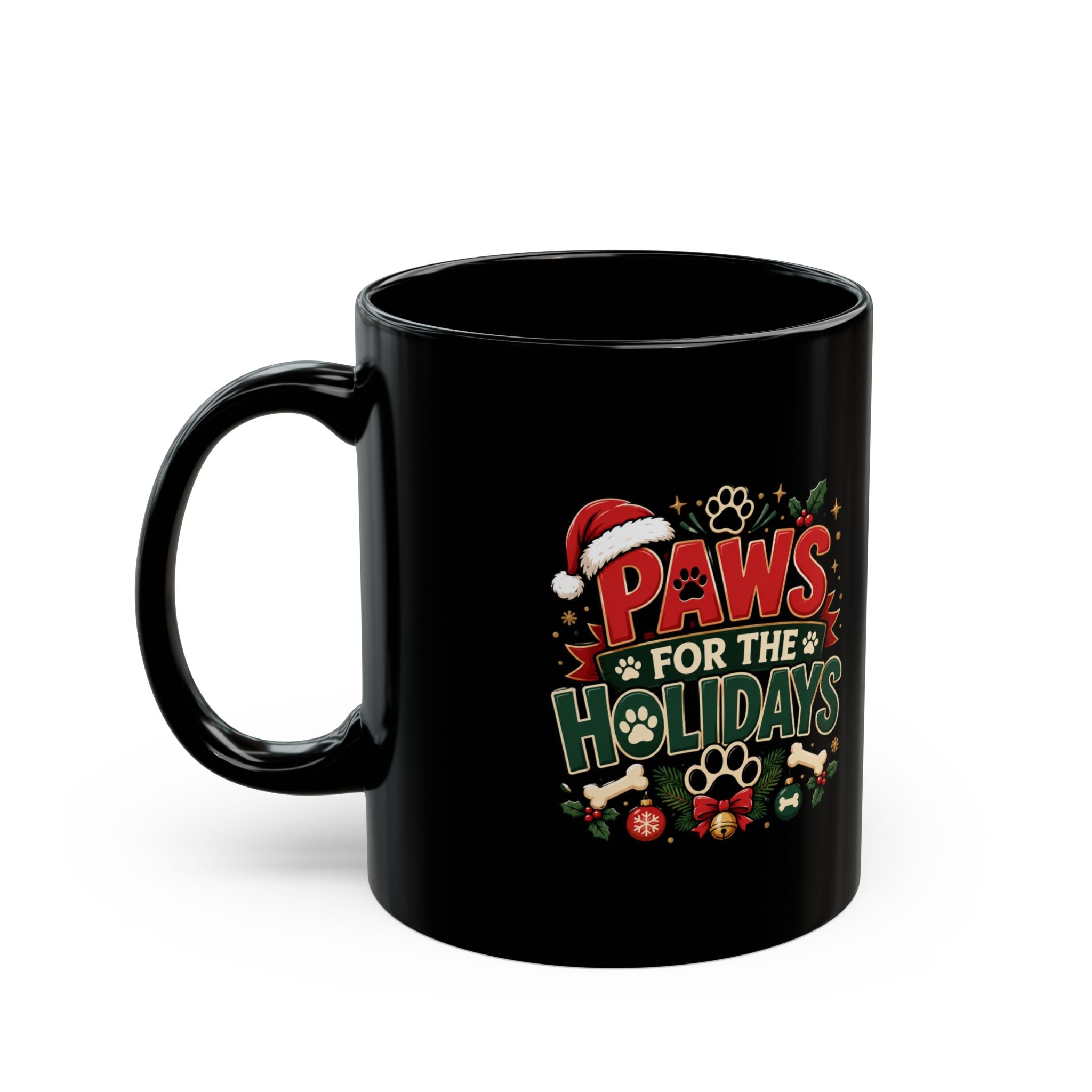Paws for the Holidays Black Mug — Cute Christmas Pet Lover Coffee Cup