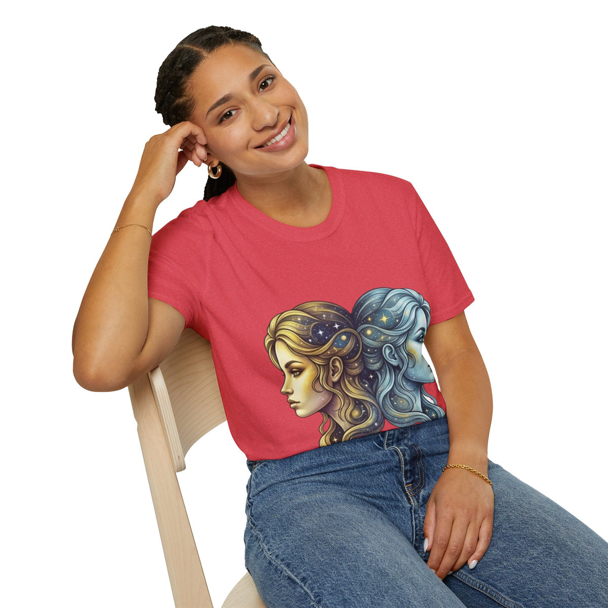 Zodiac Gemini Sun & Moon T-Shirt — Dual Faces Cosmic Design