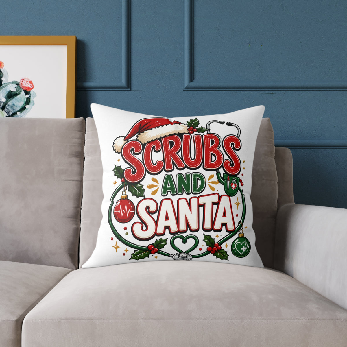 Christmas Square Pillow — Scrubs and Santa Christmas Cushion for Nurses