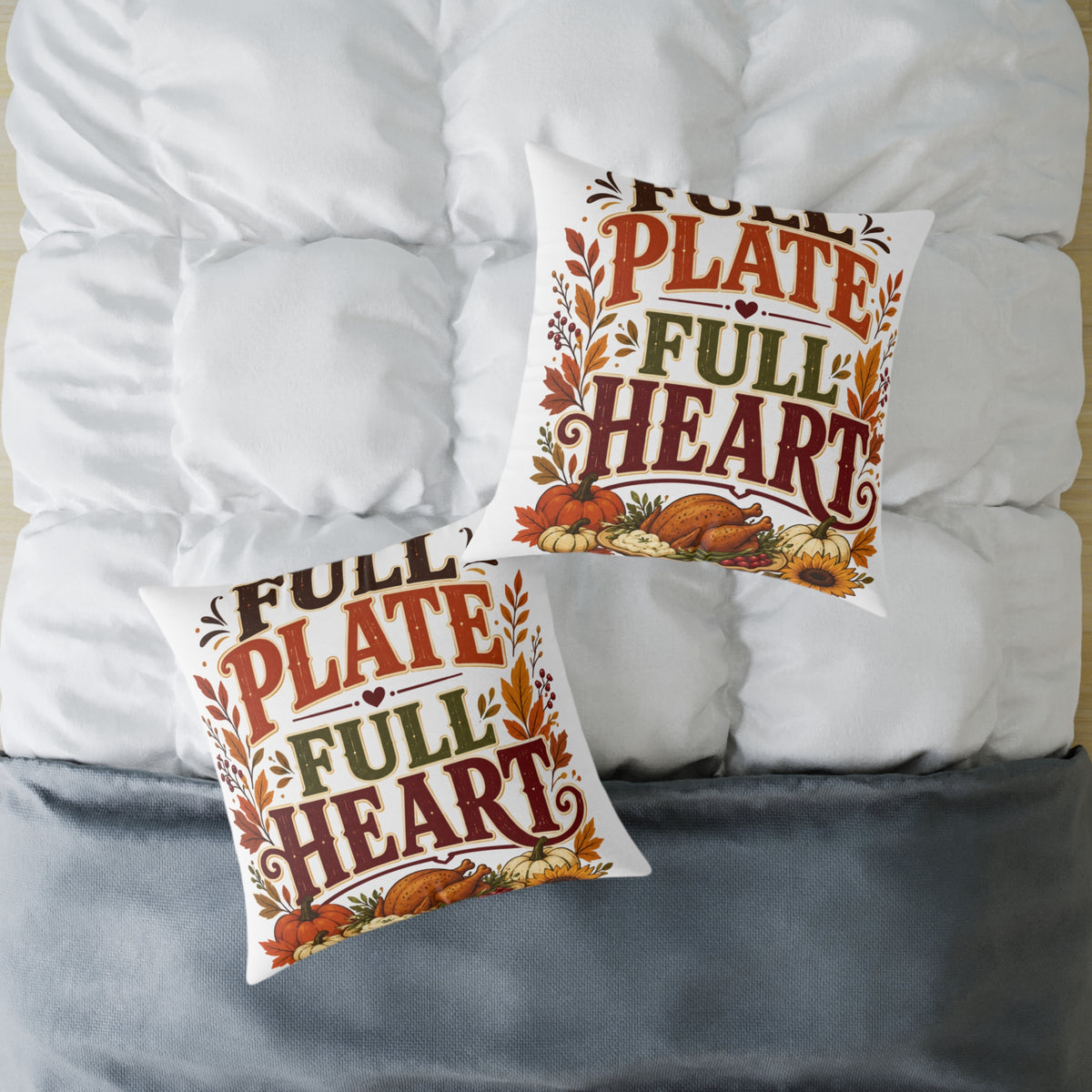 Thanksgiving Square Pillow - "Full Plate Full Heart" Thanksgiving Fall Decorative Cushion
