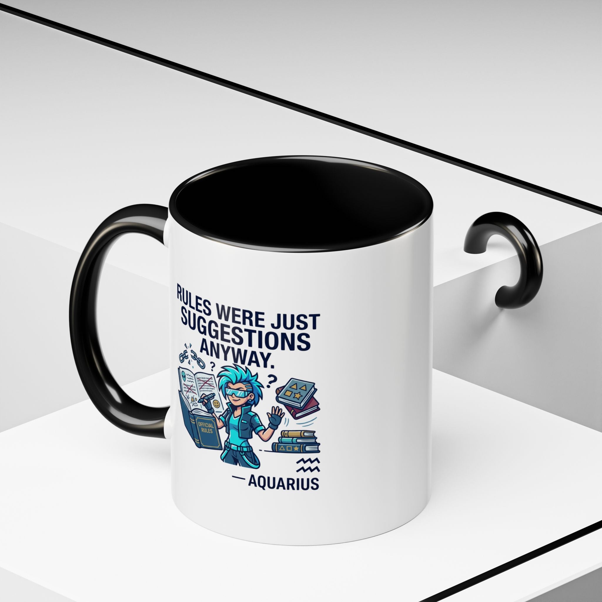 Aquarius Coffee Mug — "Rules Were Just Suggestions Anyway" Funny Zodiac Accent Mug 11oz