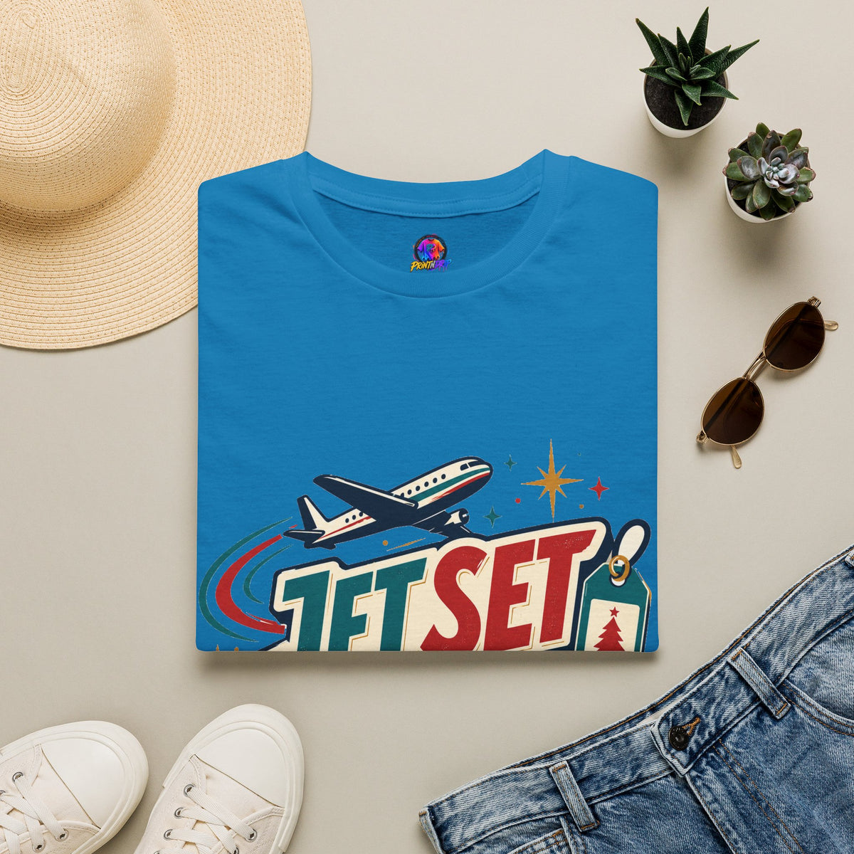 Jet Set Jingle Travel T-Shirt — Retro Airplane Vacation Graphic