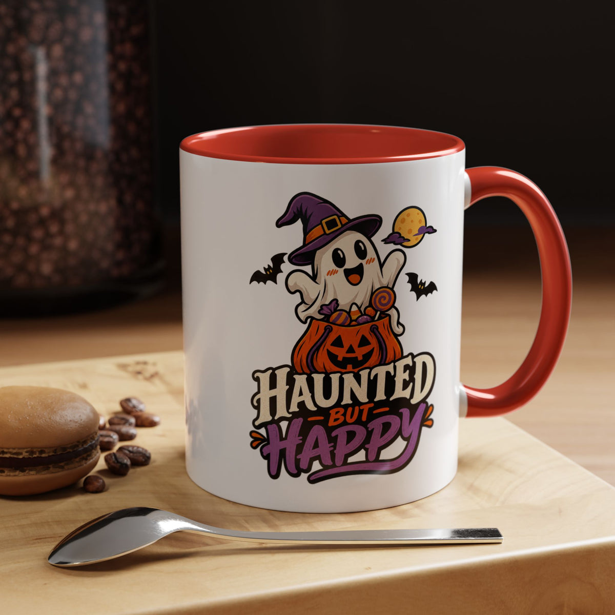 Haunted But Happy Coffee Mug — Halloween Ghost Pumpkin Accent Mug (11/15oz)