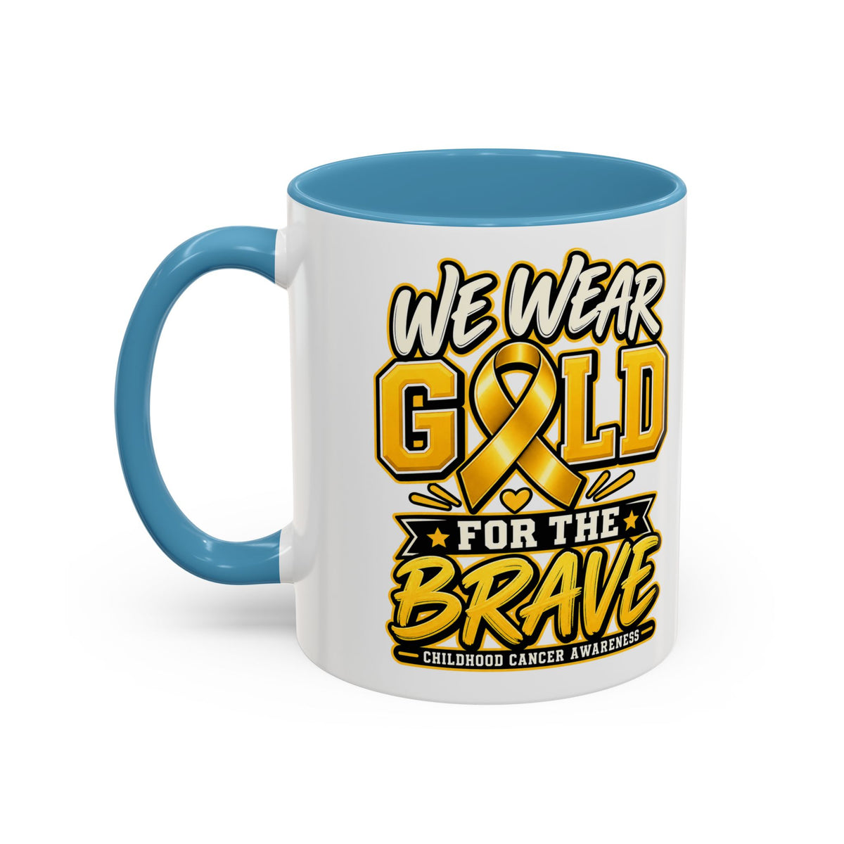 Childhood Cancer Awareness Accent Coffee Mug – "We Wear Gold for the Brave" (11/15 oz)