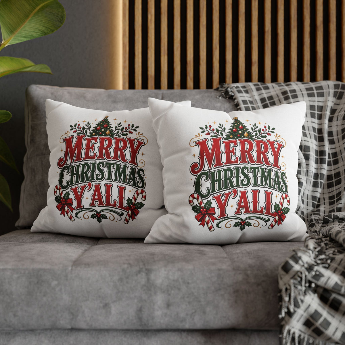 Christmas Square Pillowcase — Merry Christmas Y'all Holiday Decorative Pillow