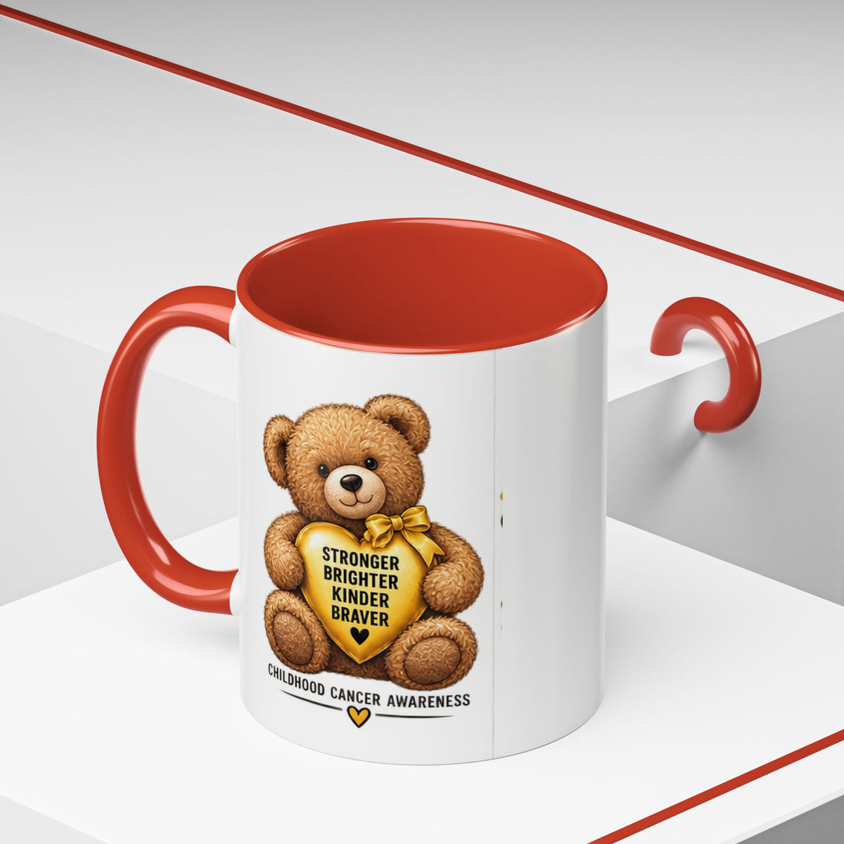 Childhood Cancer Awareness Coffee Mug — 'Stronger Brighter Kinder Braver' Teddy