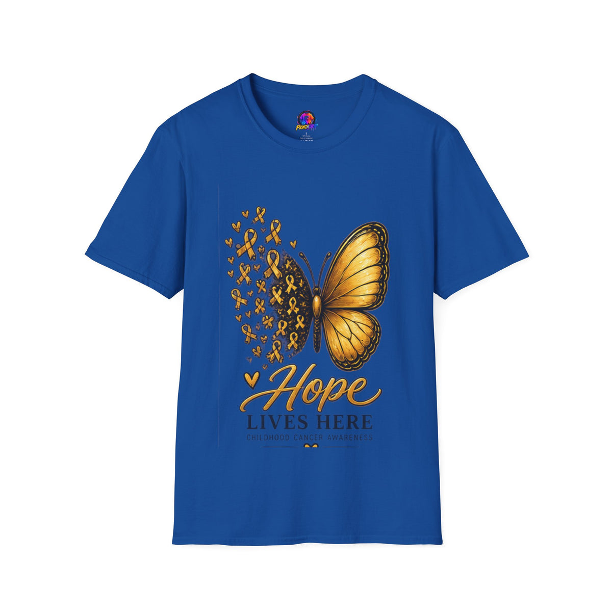 Hope Lives Here Gold Ribbon Butterfly Childhood Cancer Awareness T-Shirt