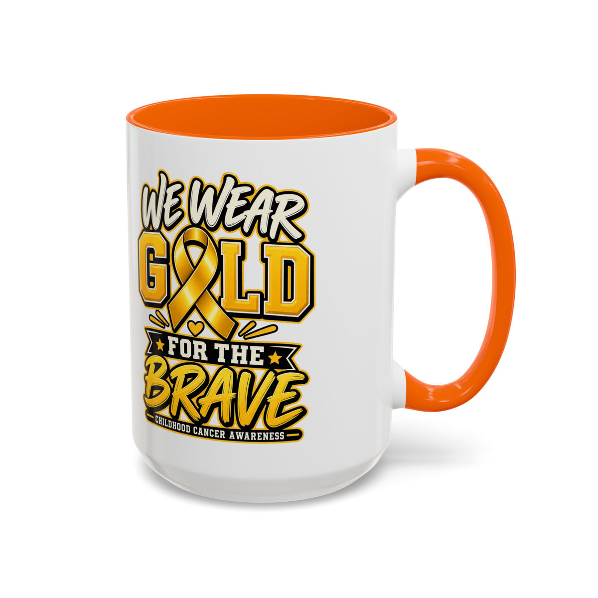 Childhood Cancer Awareness Accent Coffee Mug – "We Wear Gold for the Brave" (11/15 oz)