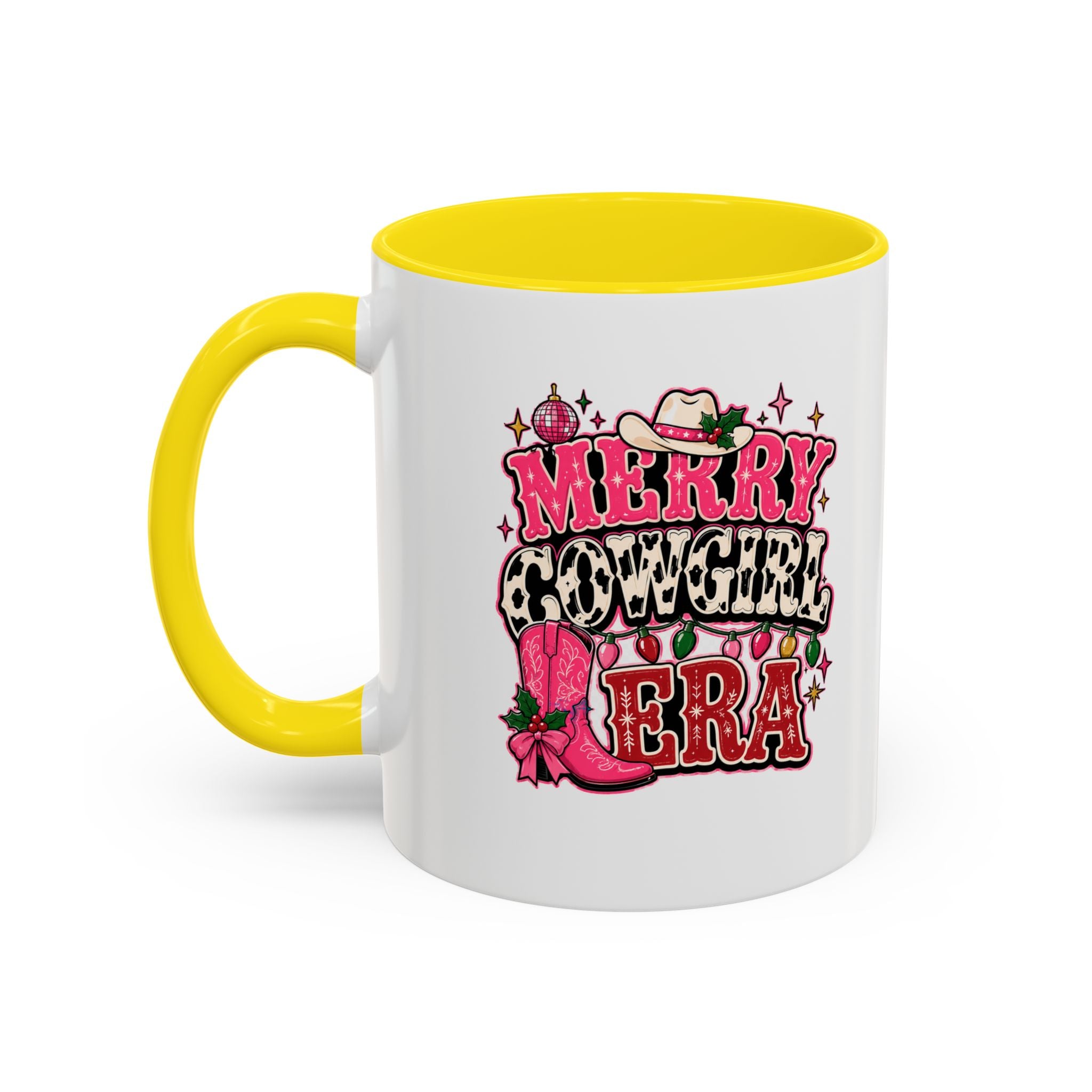 Modern Day Christmas Merry Cowgirl Era Accent Coffee Mug — Festive Pink Western Cowboy Boots & Hat Mug