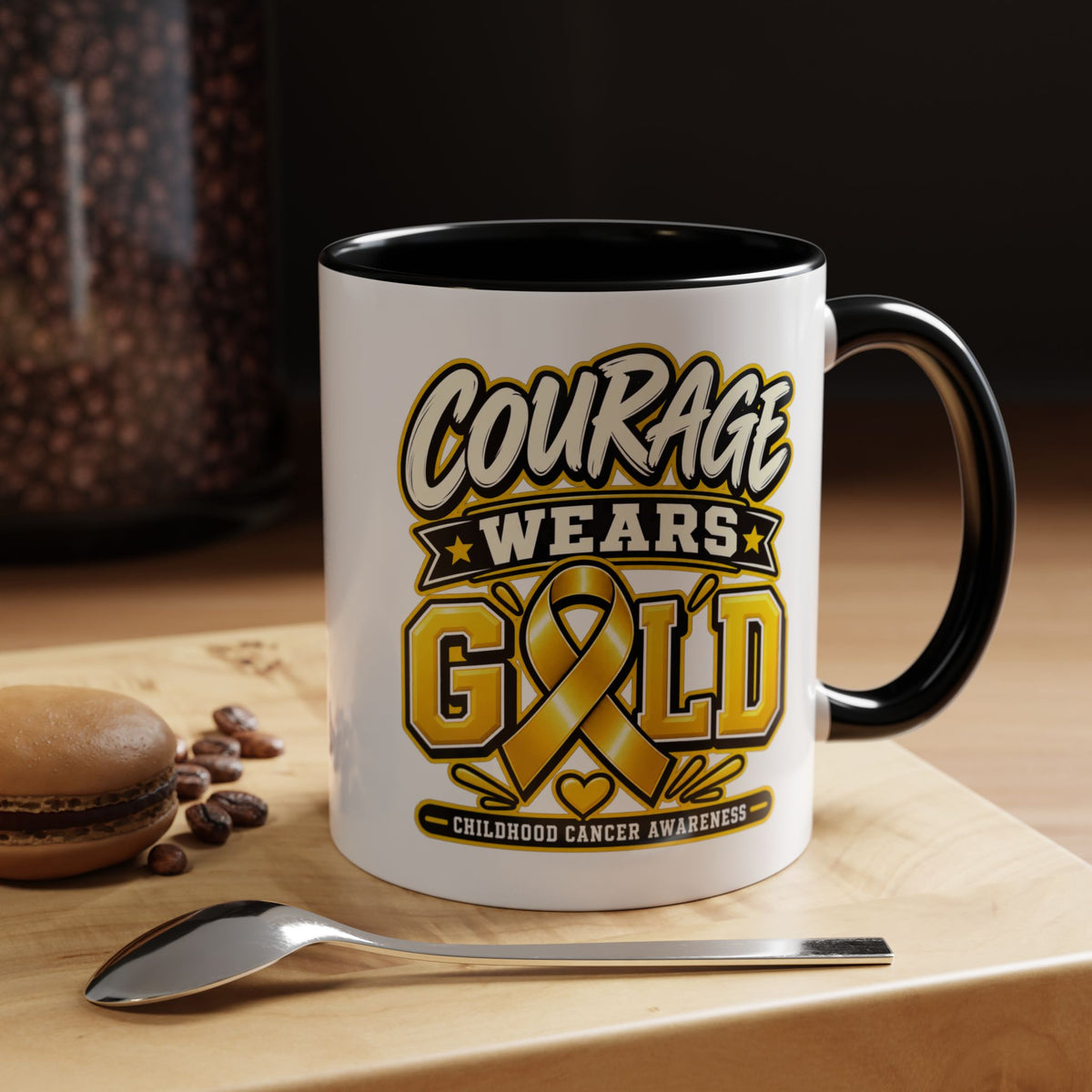Courage Wears Gold Coffee Mug — Childhood Cancer Awareness Tea Cup