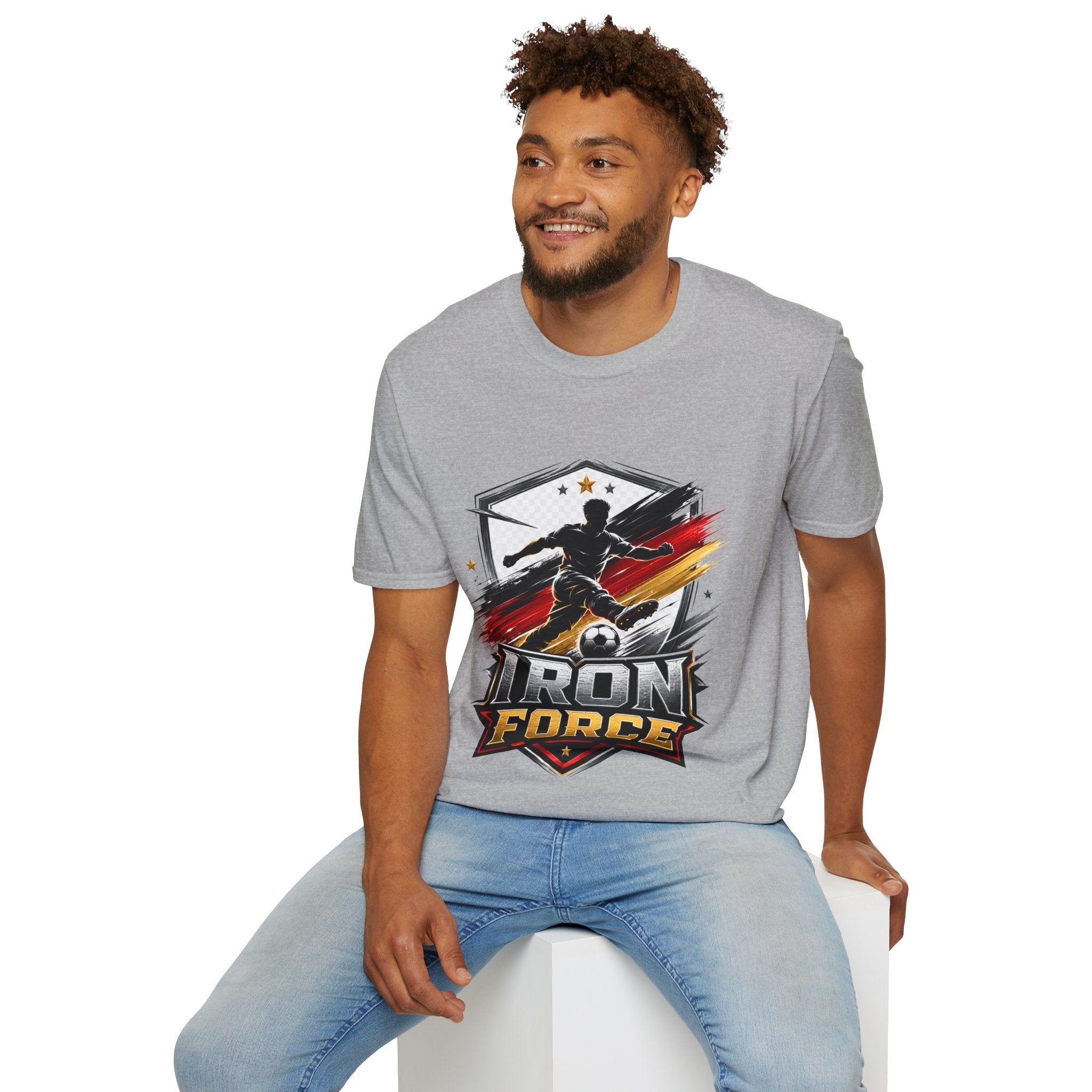 Germany Soccer 'Iron Force' Graphic T-Shirt — Player Silhouette with Red & Gold Brushstroke Emblem