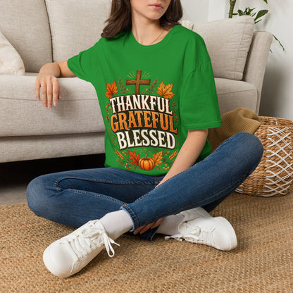 Thankful Grateful Blessed T-Shirt — Fall Thanksgiving Christian Tee