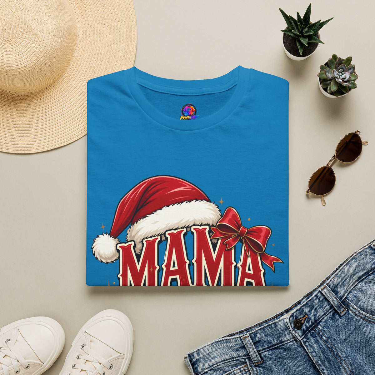 Mama Claus T-Shirt — Festive Christmas Mom Tee with Santa Hat & Bow