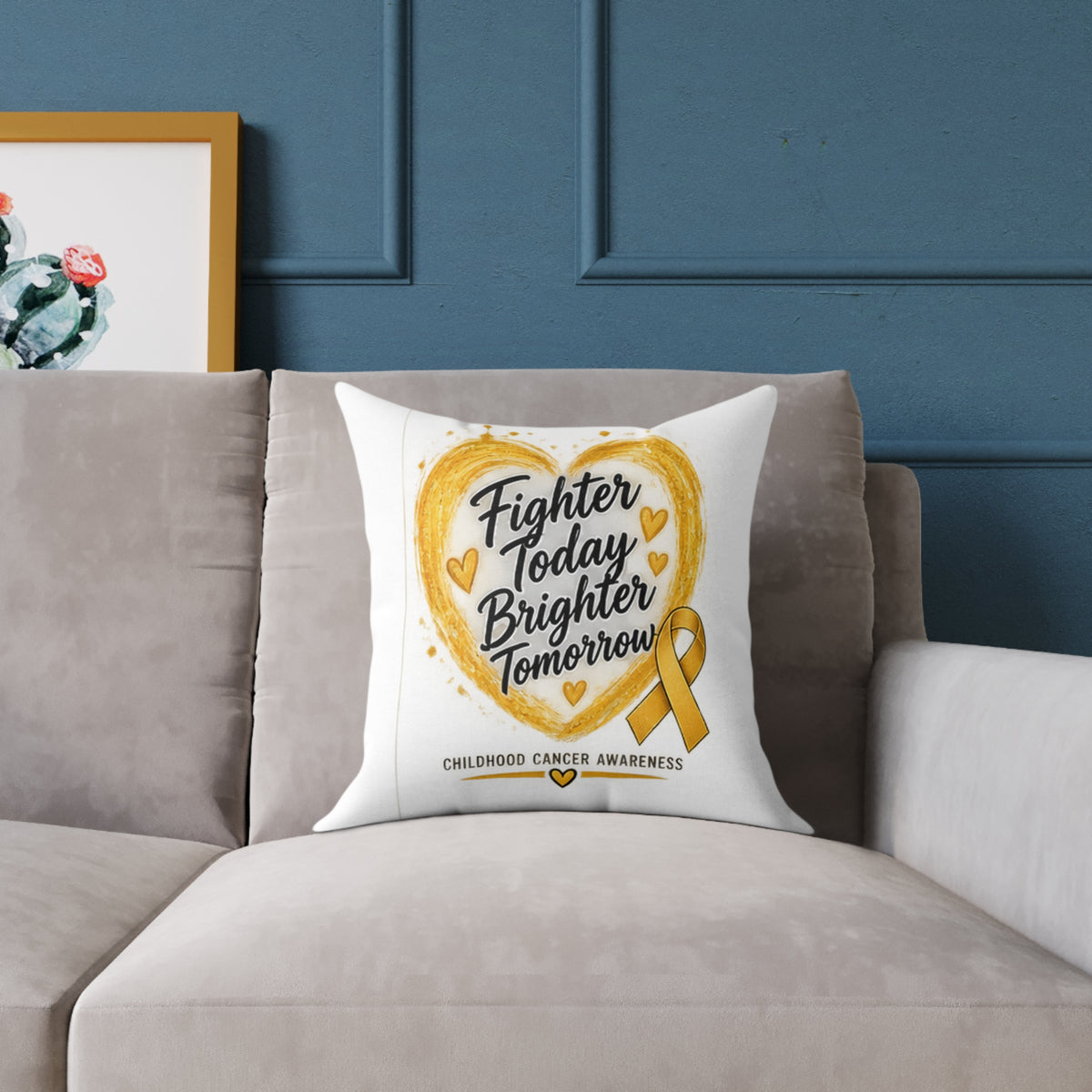Childhood Cancer Awareness Pillow — "Fighter Today Brighter Tomorrow" Square Throw Pillow
