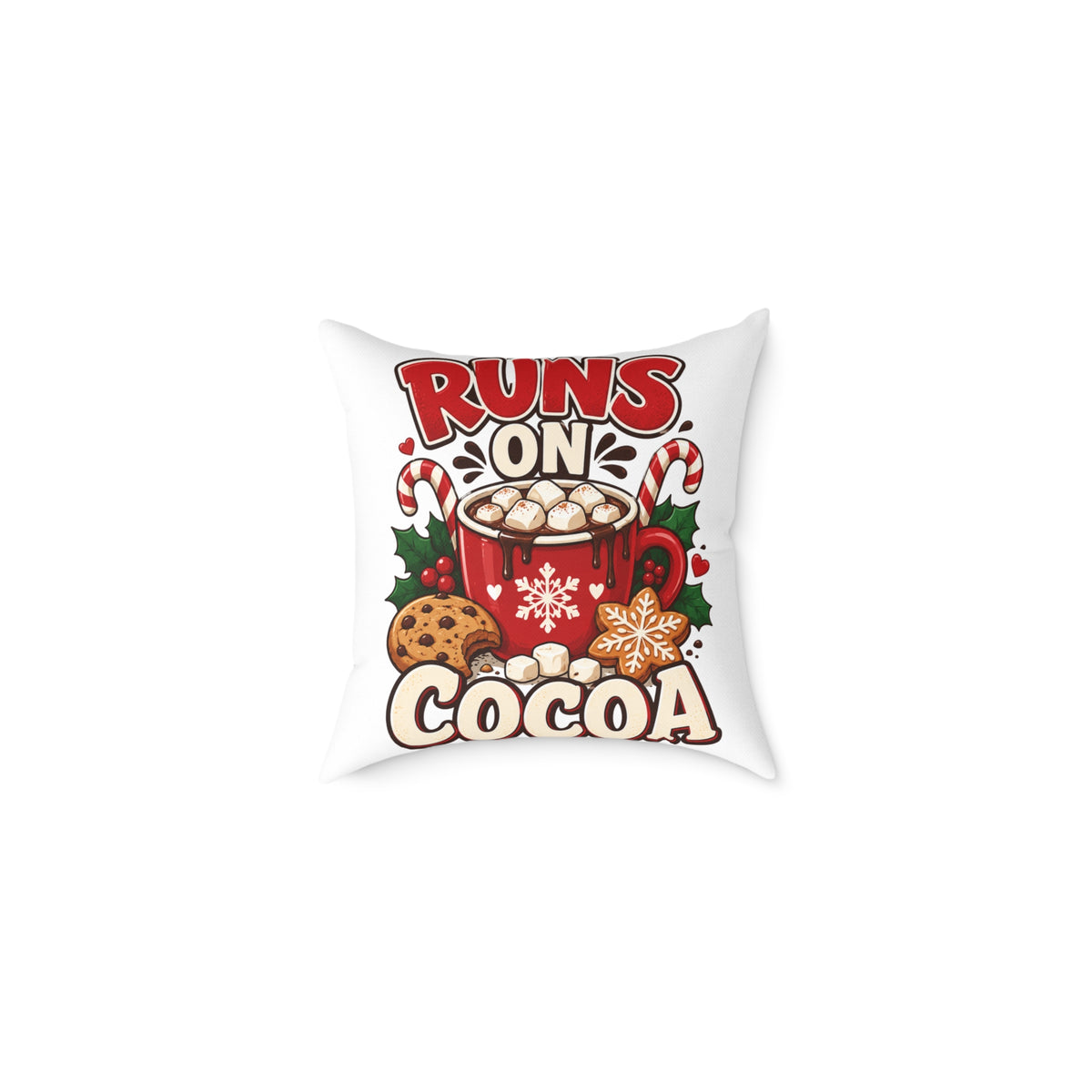 Christmas Square Pillow - "Runs on Cocoa" Holiday Hot Chocolate Decorative Throw Pillow