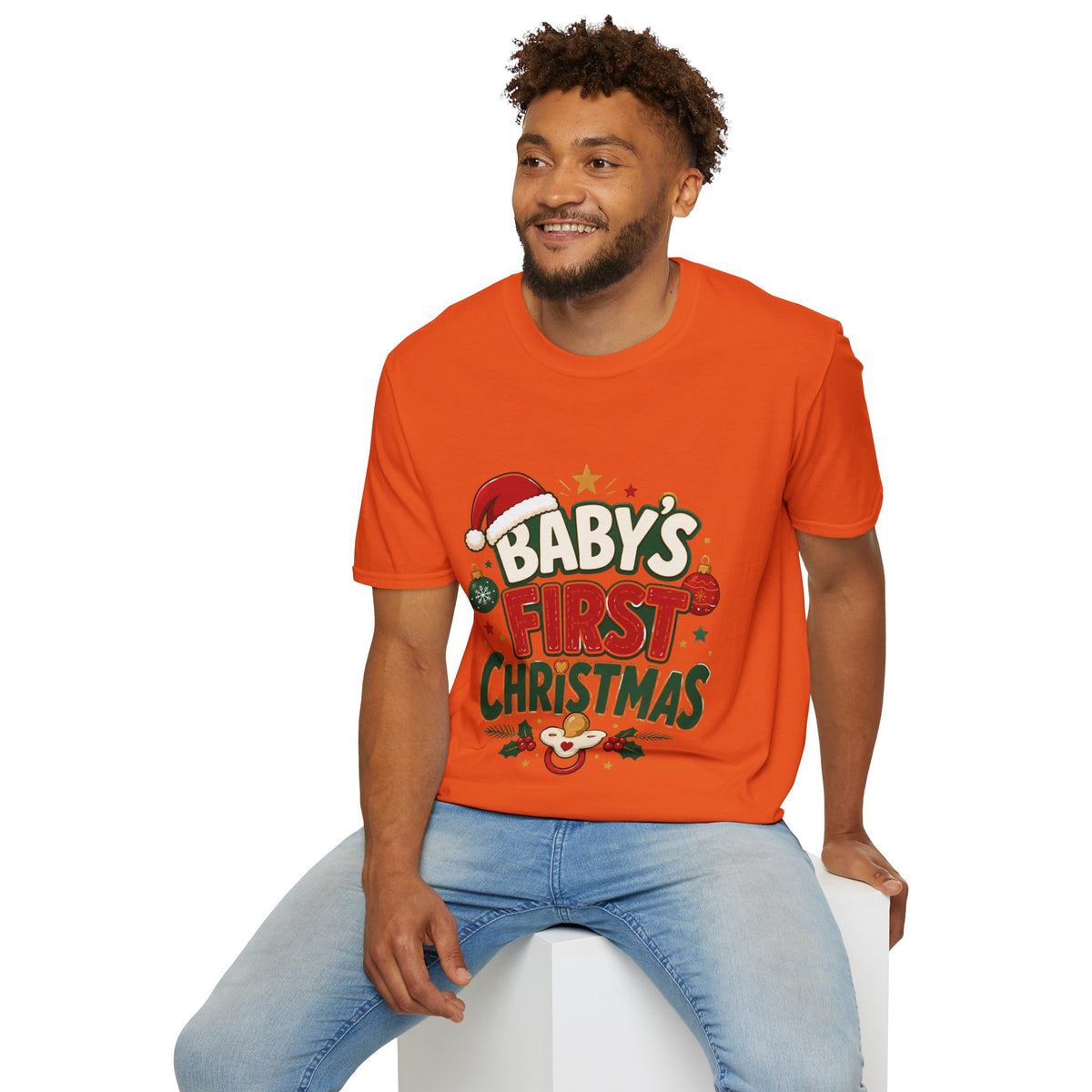Baby's First Christmas T-Shirt — Festive Santa Hat & Ornaments Holiday Tee