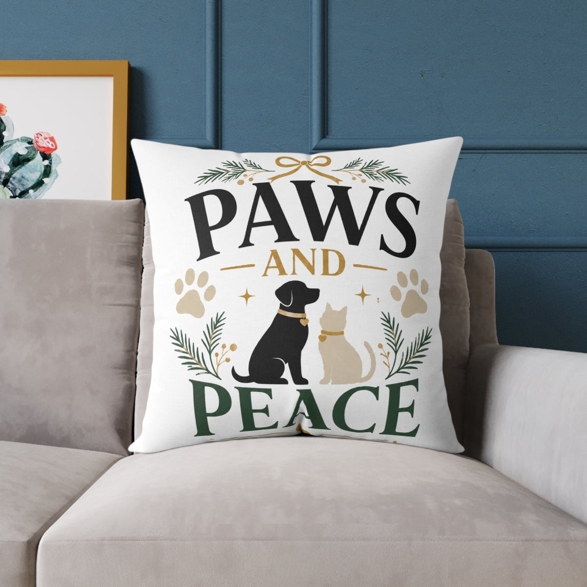 Christmas Paws and Peace Holiday Throw Pillow — Dog & Cat Christmas Decorative Cushion