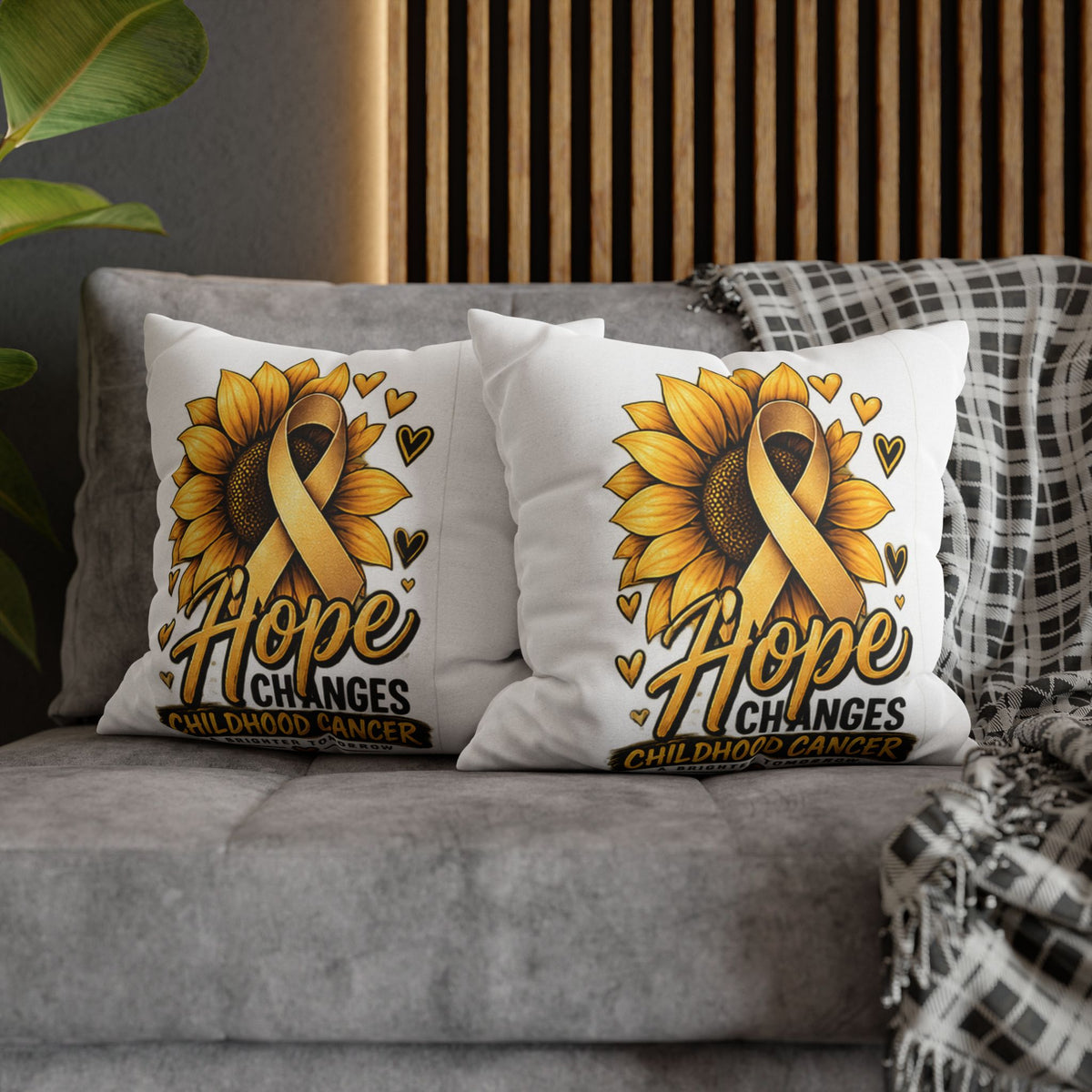 Childhood Cancer Awareness Pillow — "Hope Changes Childhood Cancer" Sunflower Ribbon Cushion