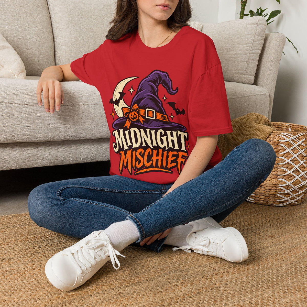 Midnight Mischief Halloween T-Shirt — Witch Hat & Bats Graphic