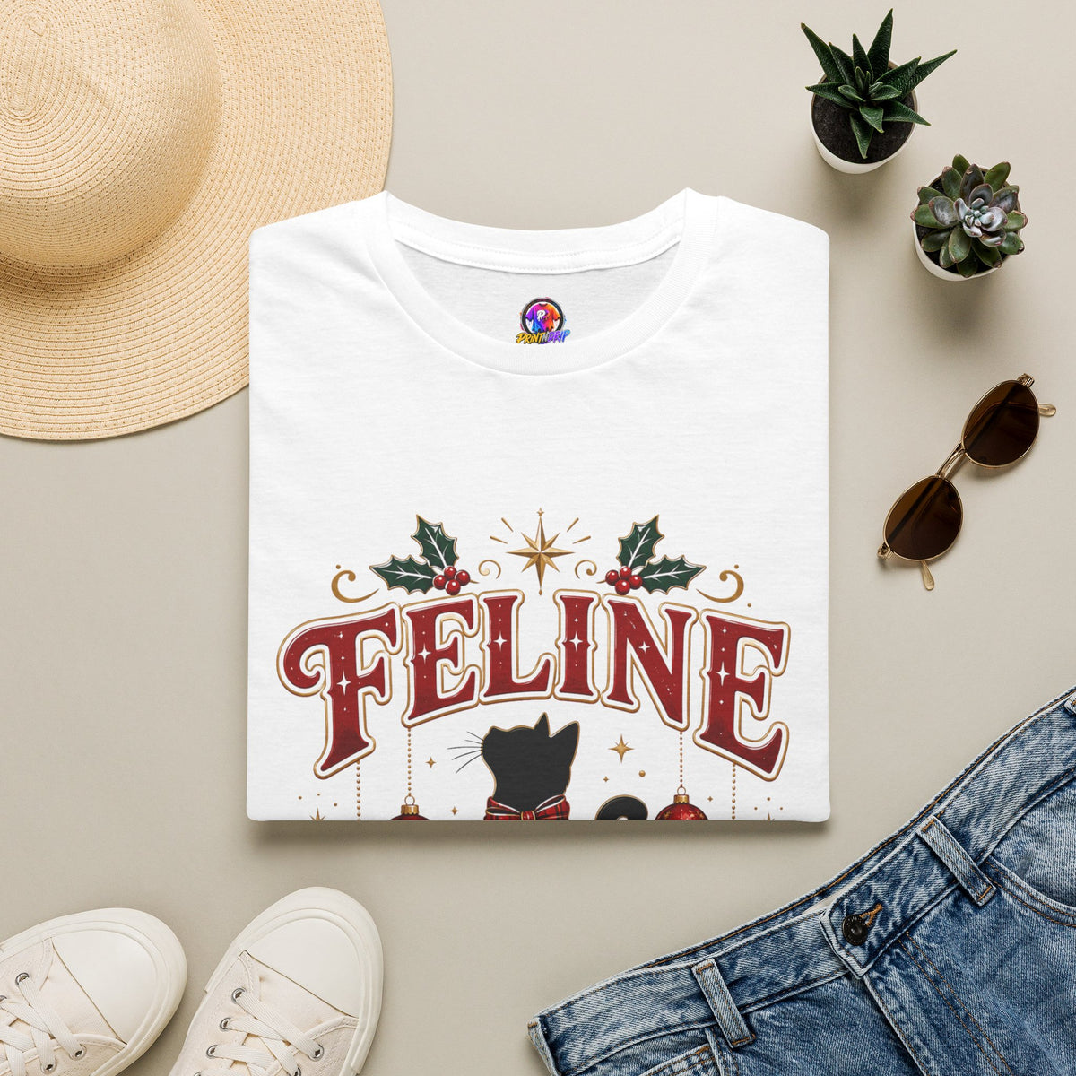 Feline Festive T-Shirt — Cute Black Cat Christmas Holiday Tee