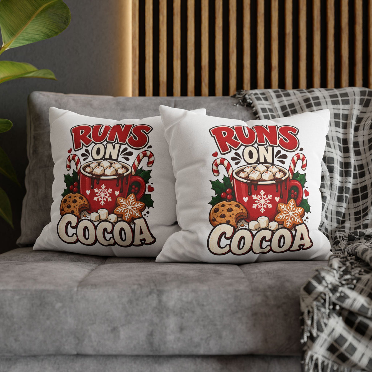 Christmas Runs on Cocoa Decorative Pillowcase — Hot Chocolate Holiday Throw Pillow