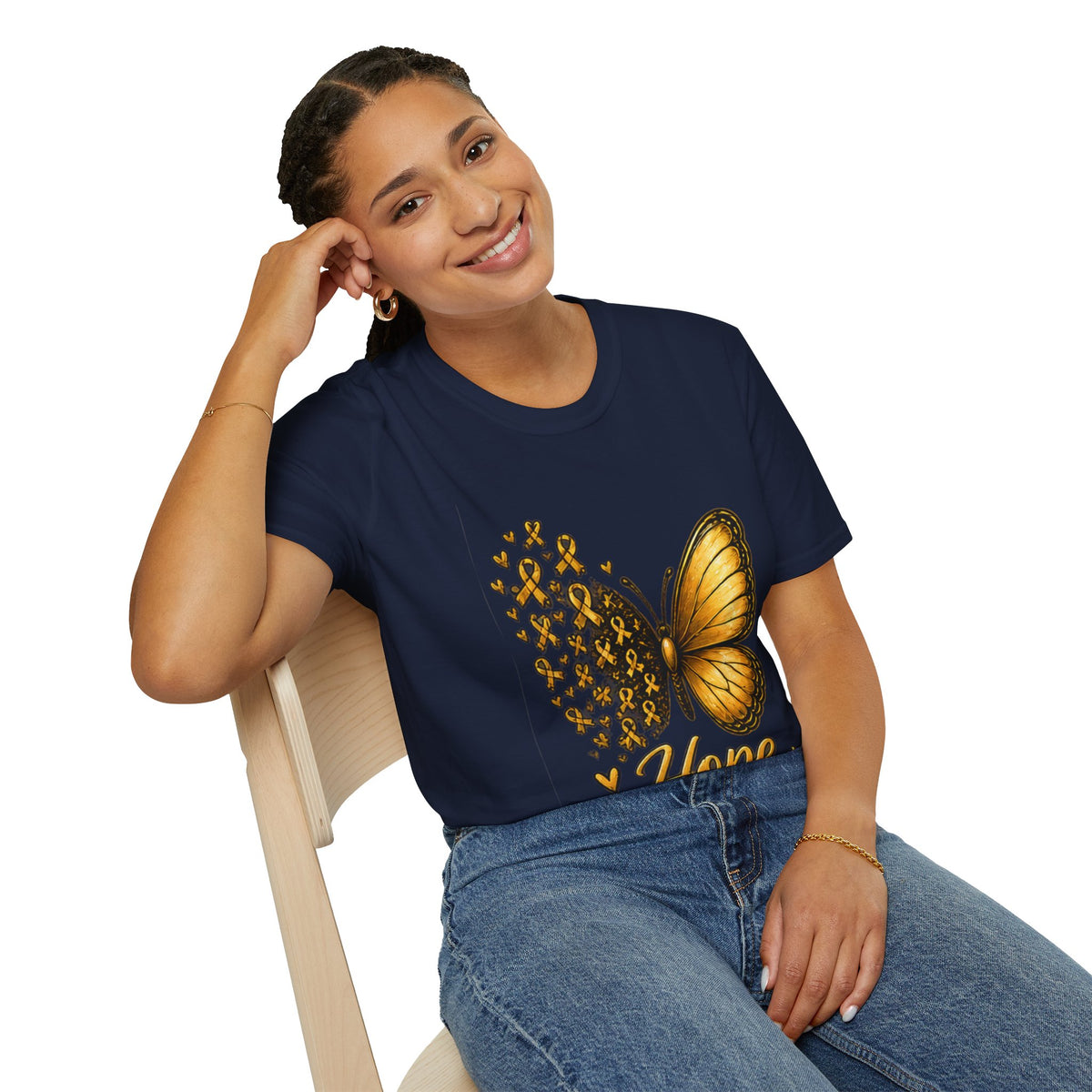 Hope Lives Here Gold Ribbon Butterfly Childhood Cancer Awareness T-Shirt