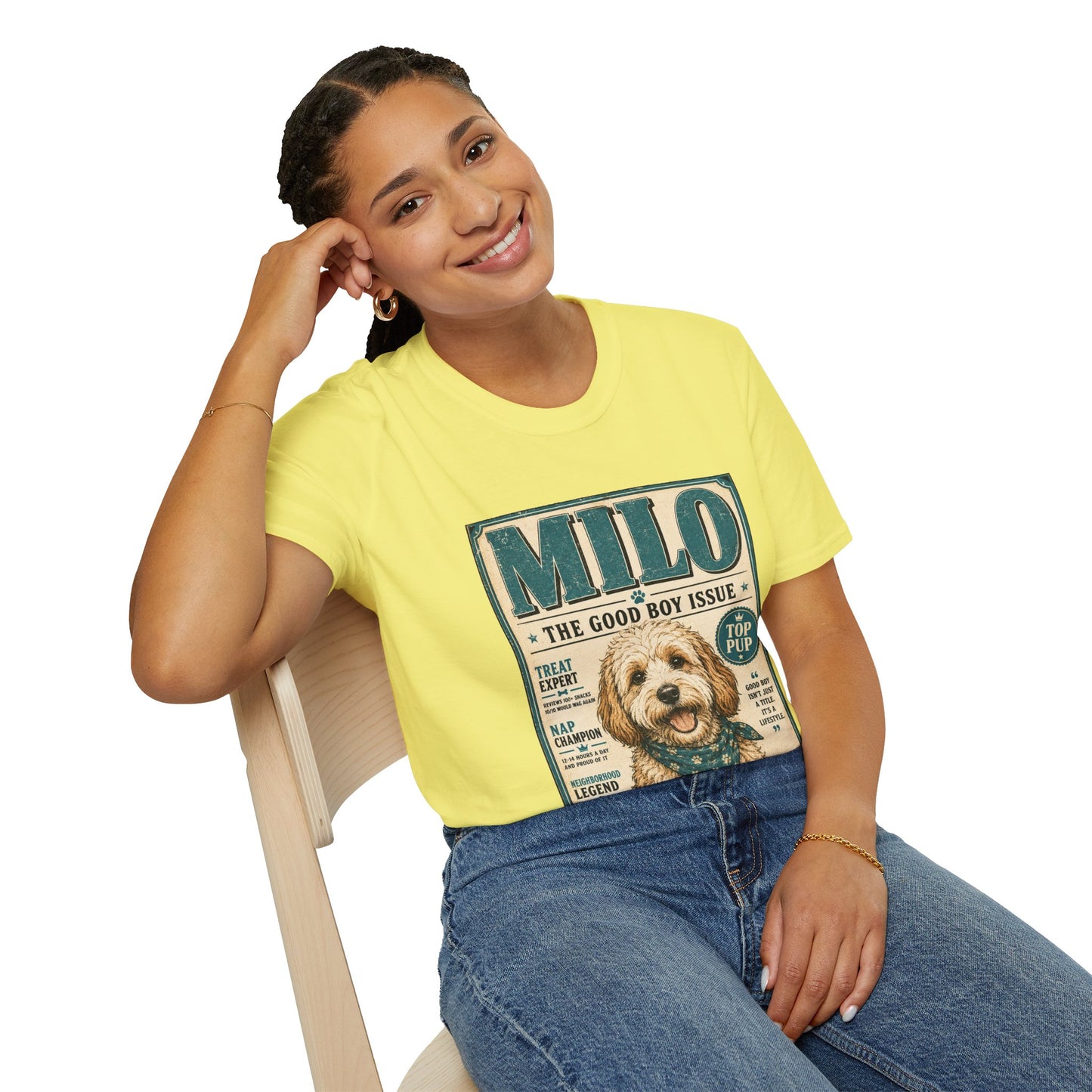 Milo 'The Good Boy Issue' Dog T‑Shirt — Vintage Puppy Magazine Design