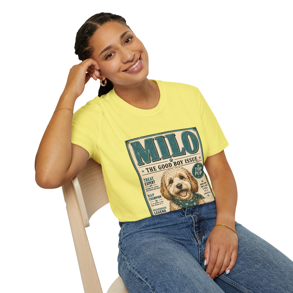 Milo 'The Good Boy Issue' Dog T‑Shirt — Vintage Puppy Magazine Design