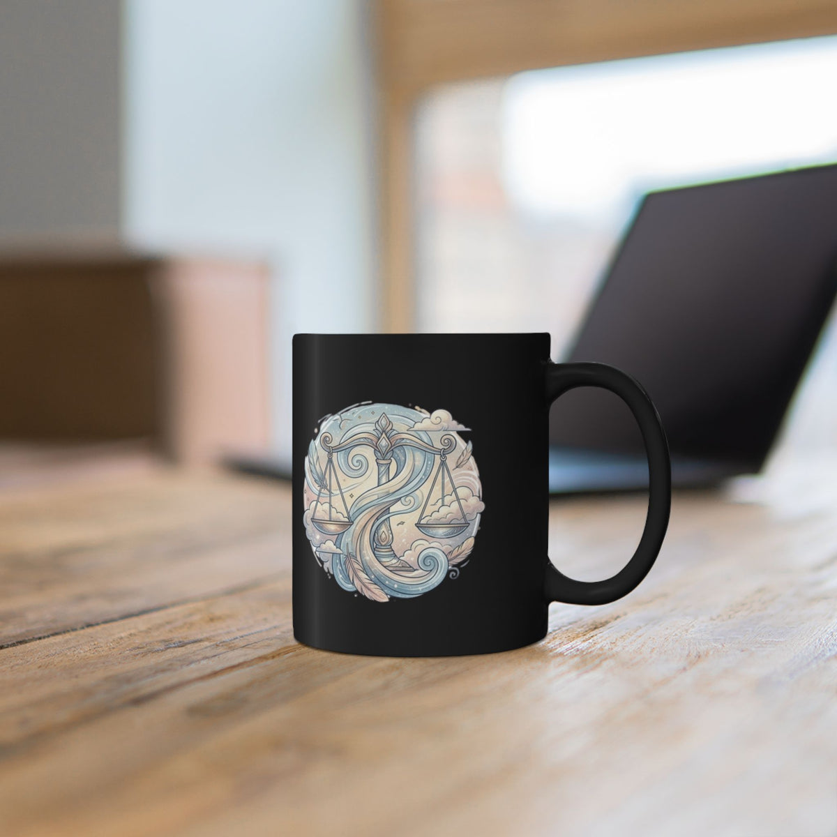 Libra Zodiac Black Coffee Mug — Scales & Waves Astrology Design