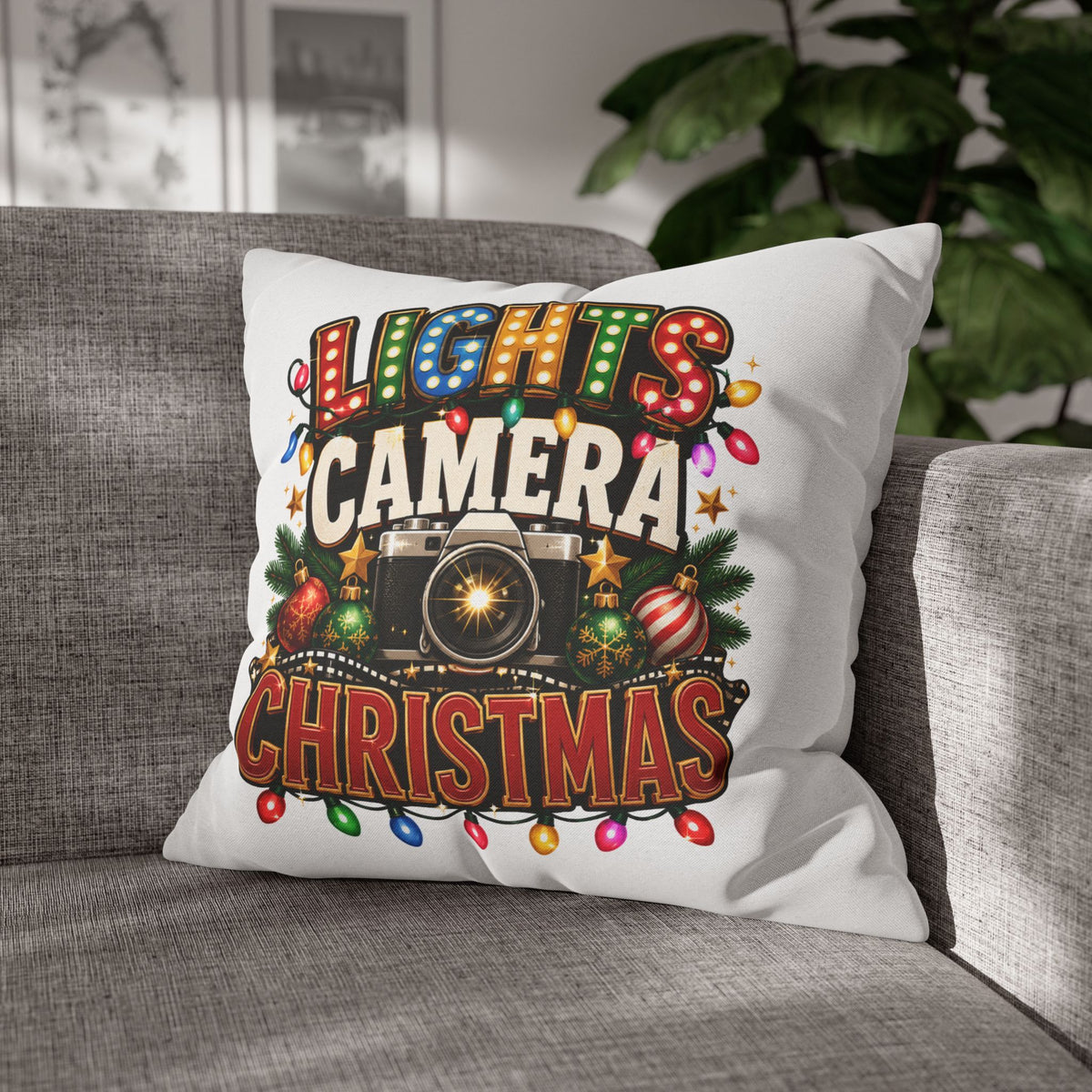 Christmas Photographer Pillowcase – “Lights Camera Christmas” Decorative Throw Pillow