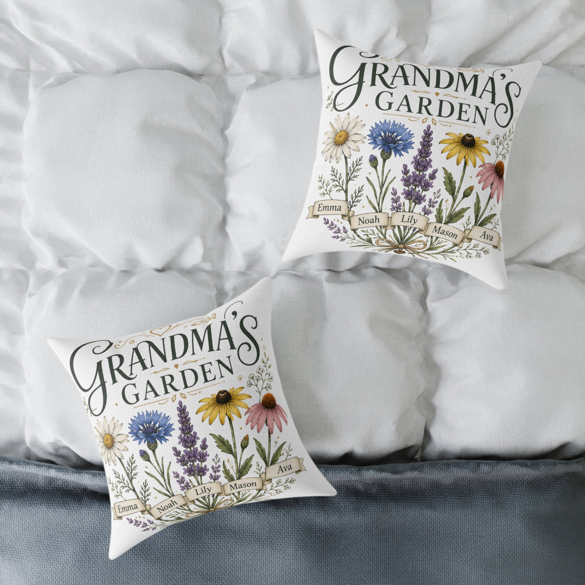 Grandma's Garden Floral Throw Pillow  Milo Bailey Dog Dad Mom— Personalized Family Names