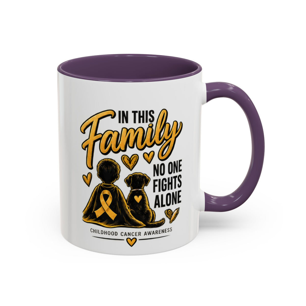 Childhood Cancer Awareness Coffee Mug — "In This Family No One Fights Alone"