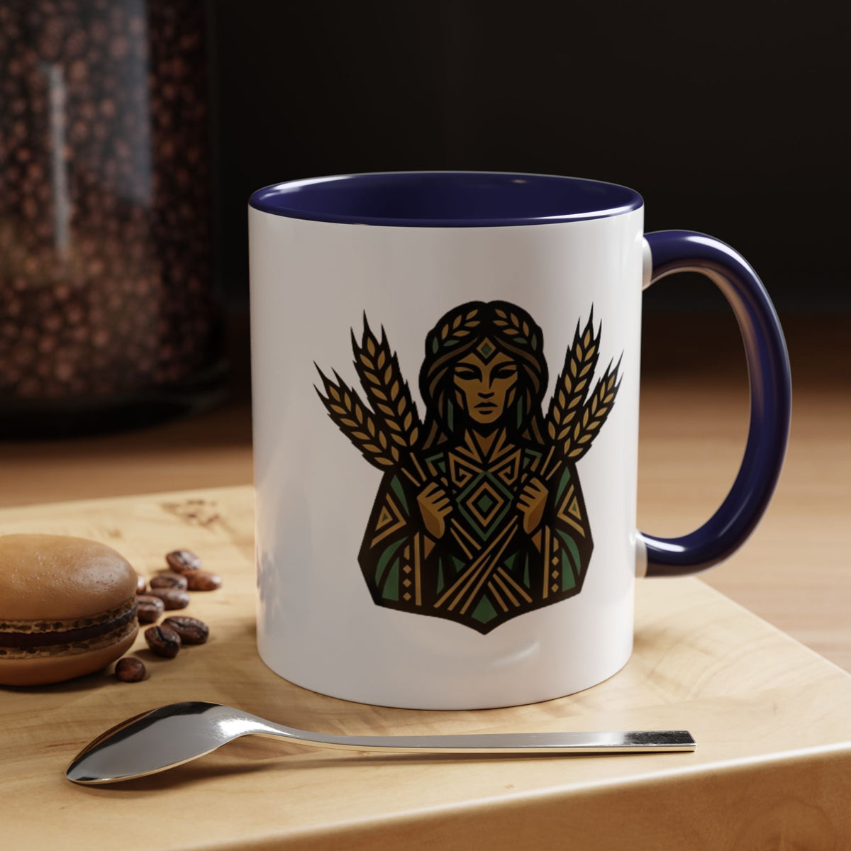 Virgo Zodiac Harvest Goddess Accent Coffee Mug — Rustic Wheat & Earthy Green Tribal Design