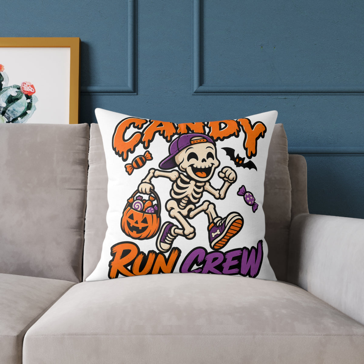 Candy Run Crew Halloween Pillow — Skeleton Trick-or-Treat Decorative Throw Pillow