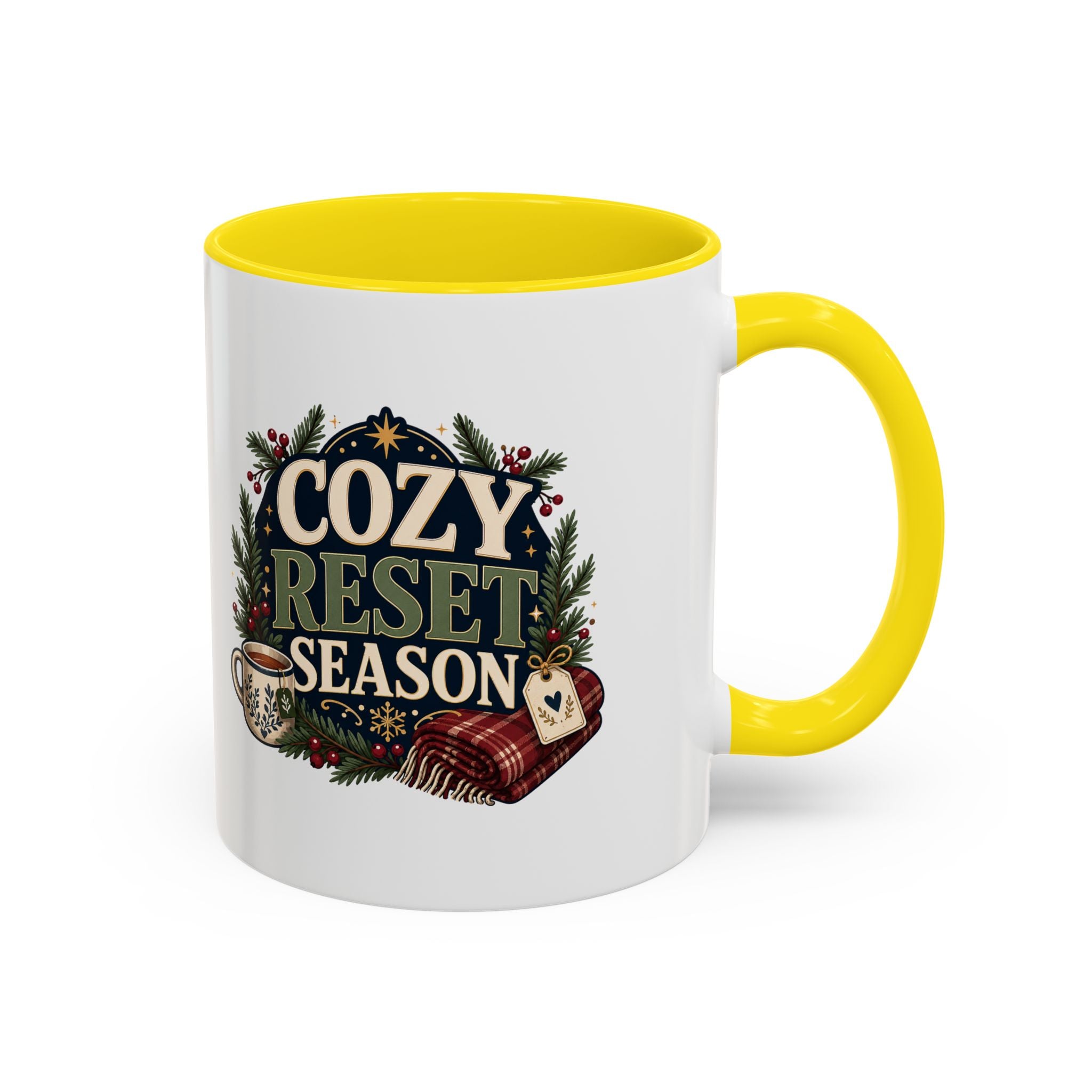 Modern Day Christmas Cozy Reset Season Mug — Holiday Coffee Cup with Blanket & Tea Tag Design