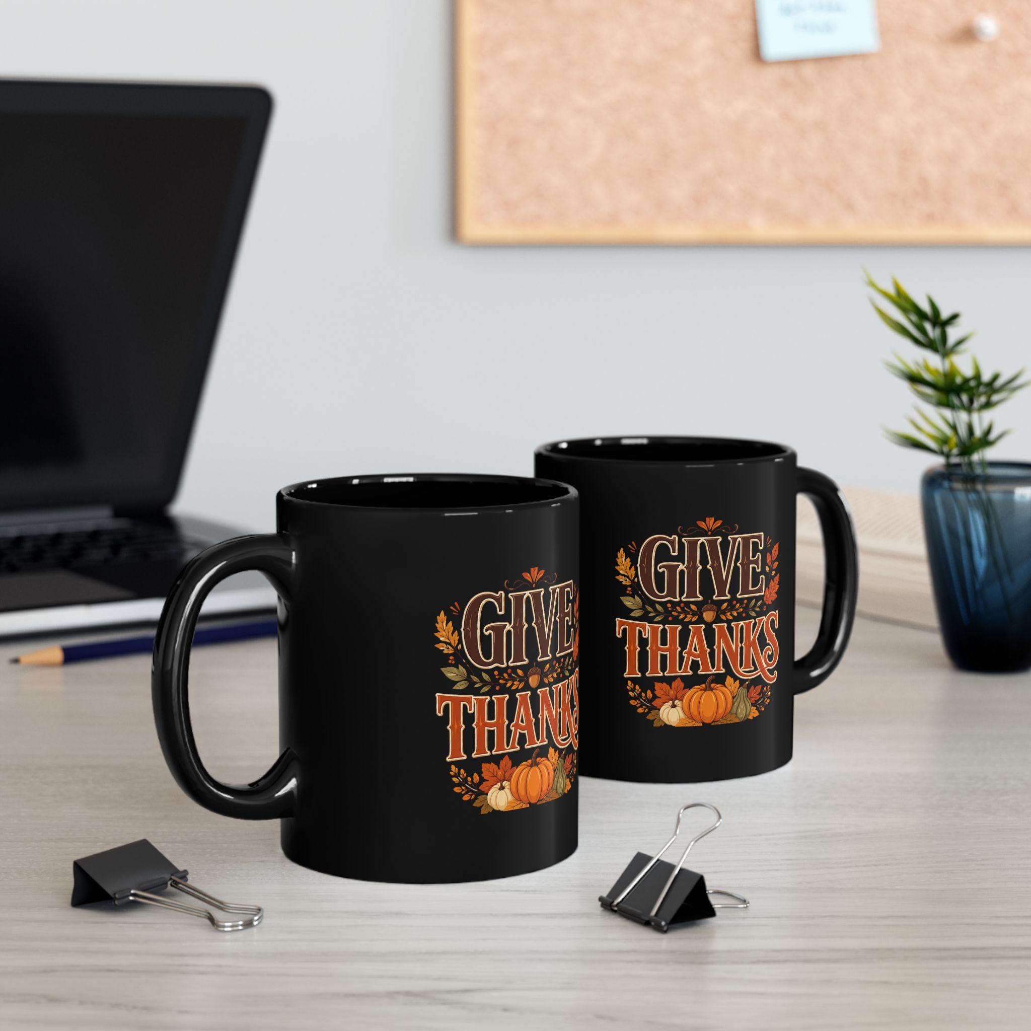 Thanksgiving Black Mug Give Thanks Mug — Thanksgiving Pumpkin & Fall Leaves Coffee Cup