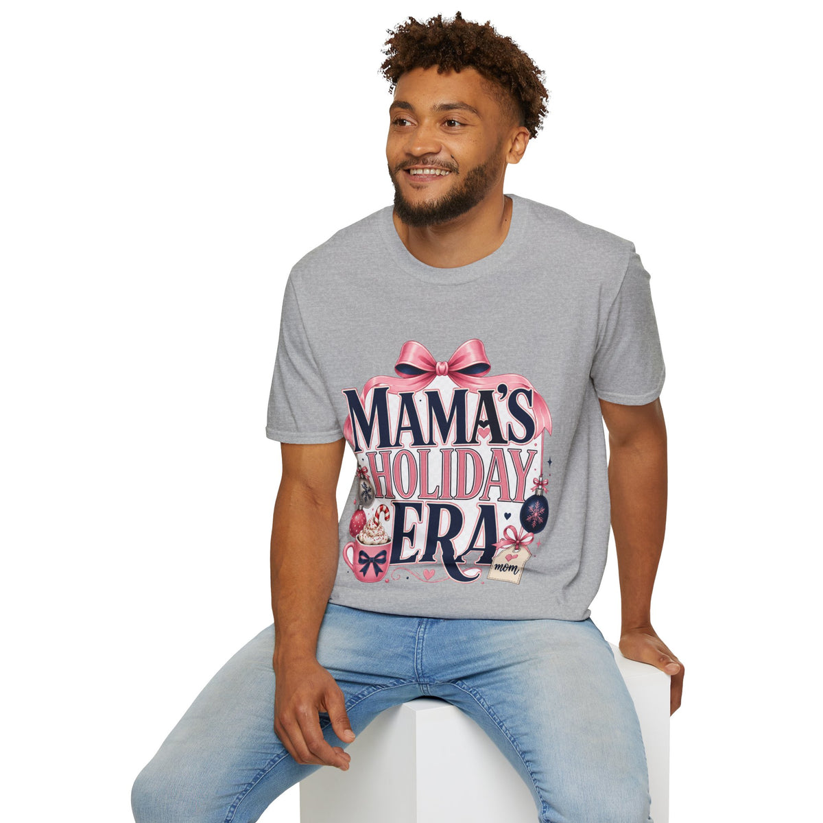 Mama's Holiday Era T-Shirt — Festive Pink Bow Christmas Tee for Moms