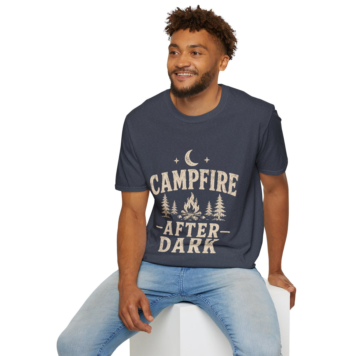 Campfire After Dark T-Shirt — Cozy Camping Moon & Trees Graphic