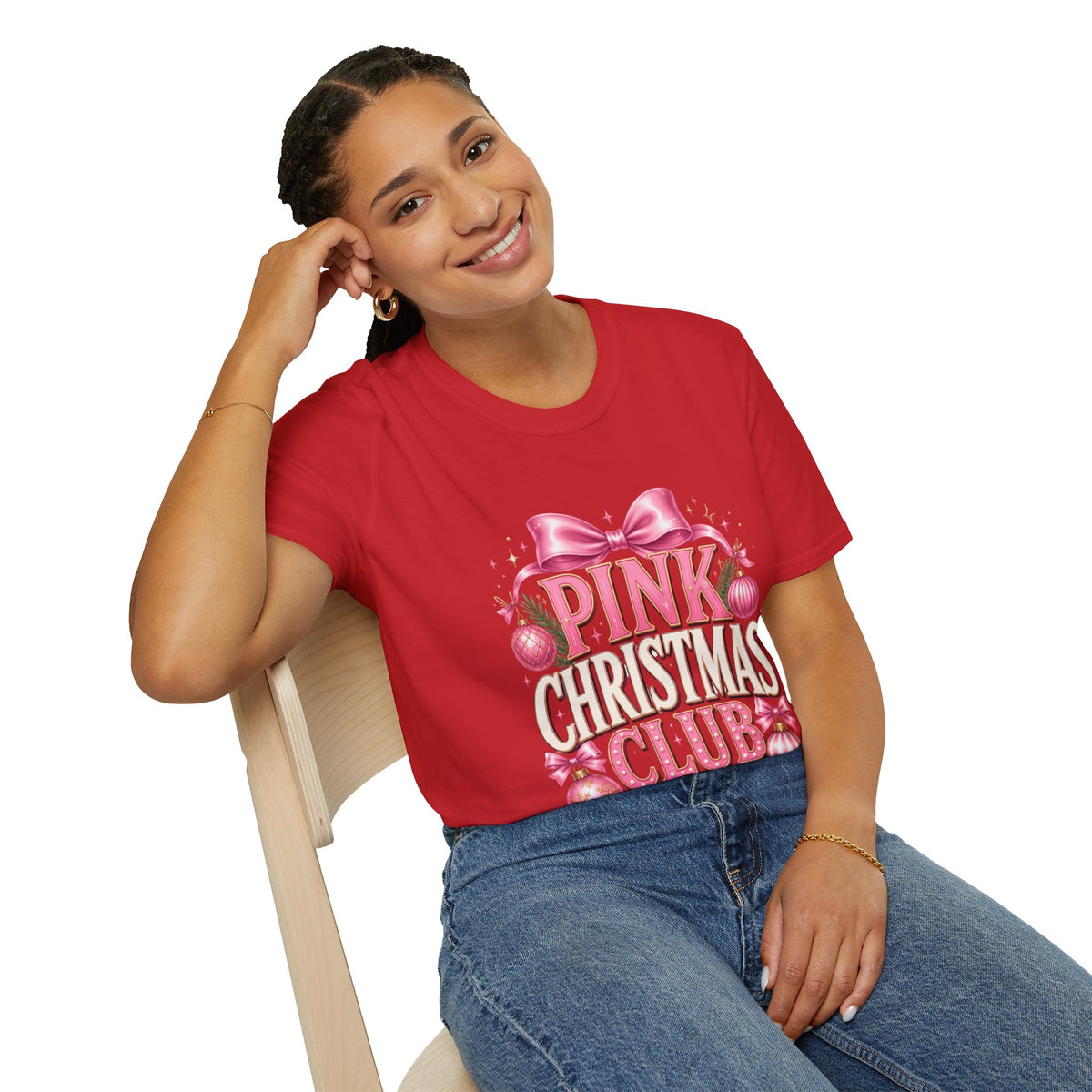 Pink Christmas Club T-Shirt — Womens Festive Holiday Tee with Bow & Ornaments
