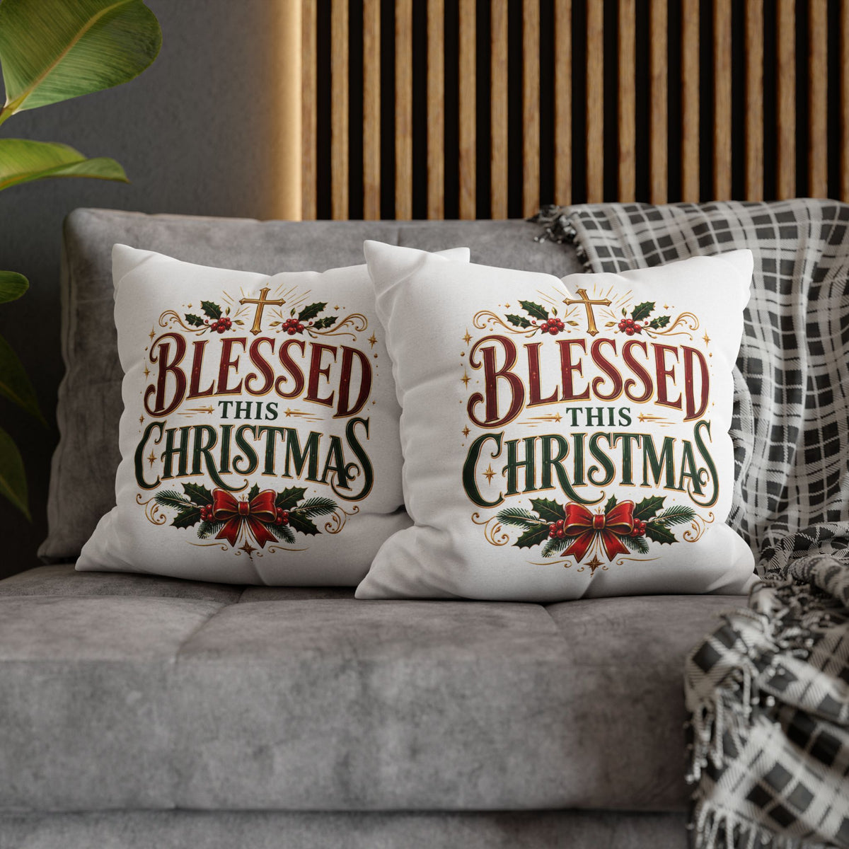 Christmas Pillowcase — "Blessed This Christmas" Religious Holiday Decorative Throw Pillow