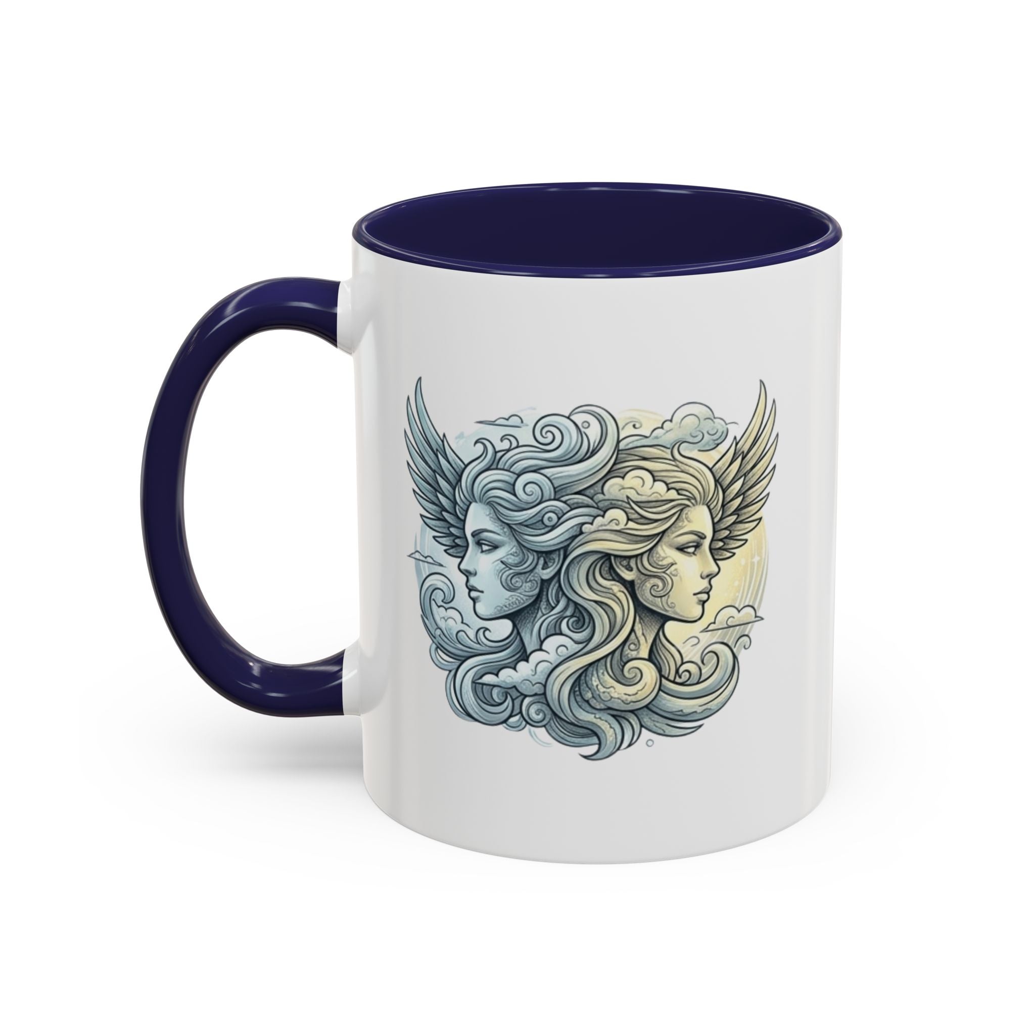 Gemini Twins Accent Coffee Mug — Sun & Moon Winged Faces Illustration