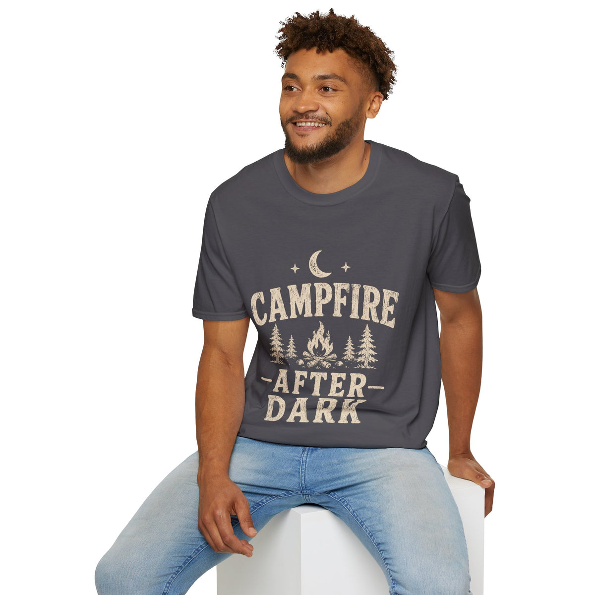 Campfire After Dark T-Shirt — Cozy Camping Moon & Trees Graphic